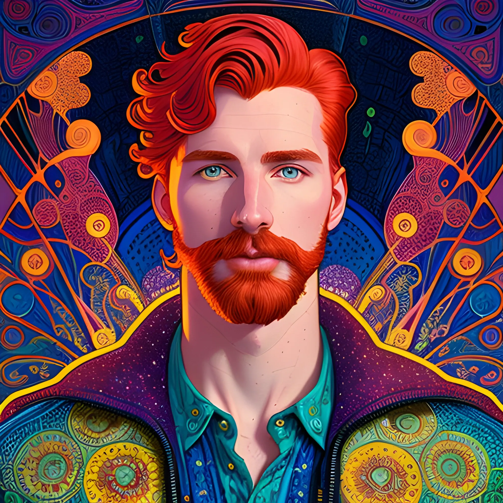 male model Gwilym Pugh, his highly detailed handsome face, meticulously detailed multi-hued red hair; by James R. Eads, Fausto-Giurescu, Tania Rivilis, Maxfield Parrish, Alphonse Mucha, Dan Mumford; luminous colorful sparkles, glitter, airbrush, depth of field, volumetric lighting, deep color, underground comix, 3D