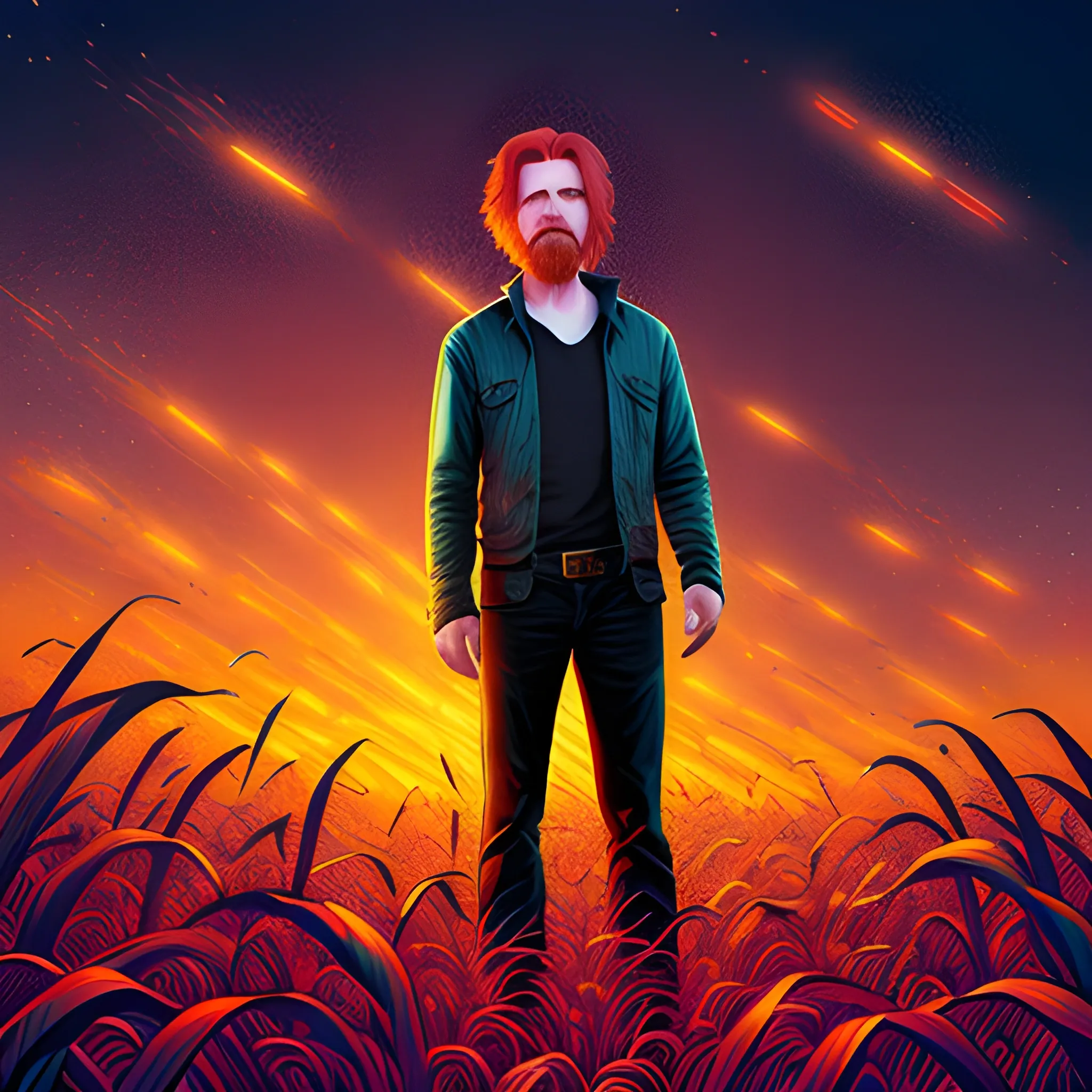 male actor Courtney Gains, his highly detailed handsome face, meticulously detailed multi-hued red hair, standing in tall corn, cornfield, nebula sky; by James R. Eads, Fausto-Giurescu, Tania Rivilis, Renata-s-art, Dan Mumford; luminous colorful sparkles, glitter, airbrush, depth of field, volumetric lighting, deep color, underground comix