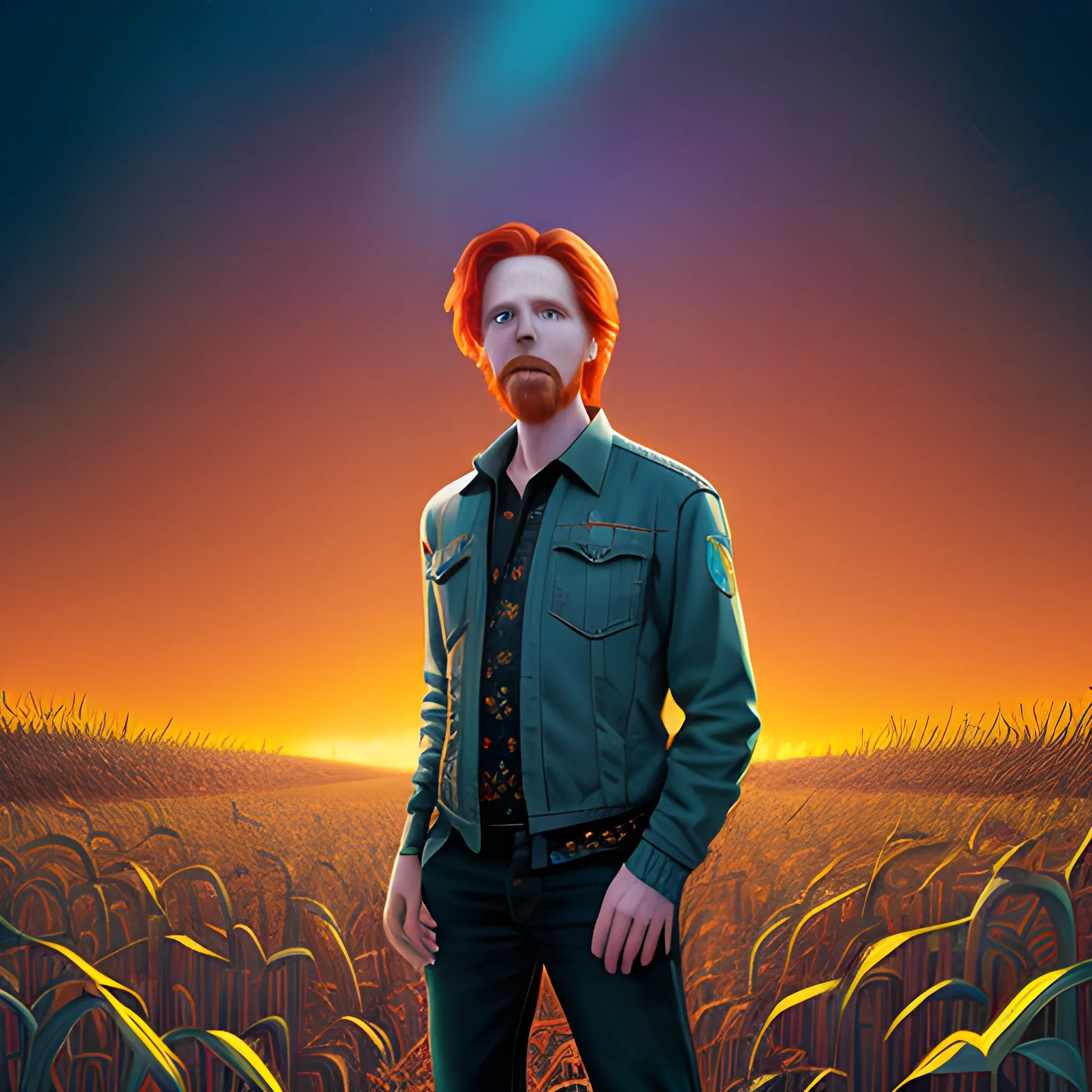 male actor Courtney Gains, his highly detailed handsome face, meticulously detailed multi-hued red hair, standing in tall corn, cornfield, nebula sky; by James R. Eads, Fausto-Giurescu, Tania Rivilis, Renata-s-art, Dan Mumford; luminous colorful sparkles, glitter, airbrush, depth of field, volumetric lighting, deep color, underground comix