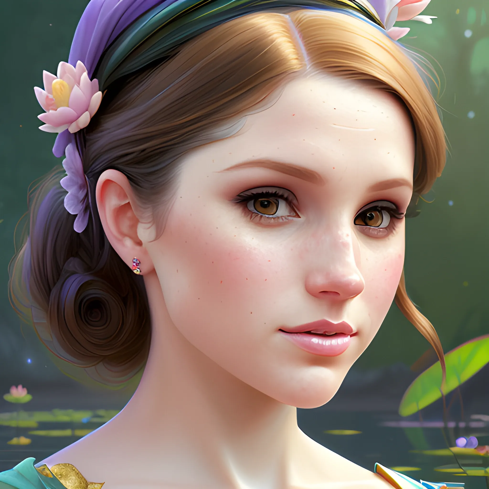 Meghan Markle / Anna Kendrick face morph at a lotus pond; highly detailed beautiful face; glitter, renaissance; high contrast, pastel, sorbet, pearlescent, underwater, surreal, Unreal Engine 5; by Dan Parent, Alphonse Mucha, Artgerm, WLOP, intricately detailed, fantasy, bizarre, beautiful, Chromolithography, Soft Shading, Unreal Engine; digital painting, smooth, sharp focus, illustration, art by lisa frank, Steve Goad, Frank Frazetta, William-Adolphe Bouguereau, Unreal Engine 5, Cartoon, 3D, Oil Painting, 3D