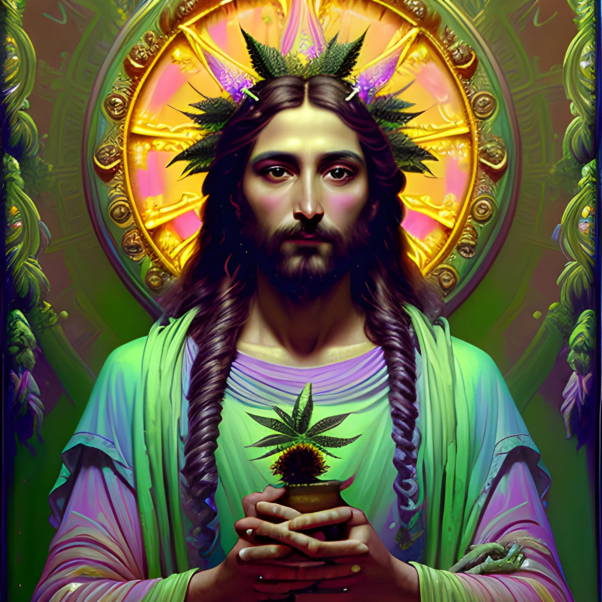 eoclassicist colorful blacklight uv highly detailed painting of Jesus as a marijuana goddess, ethereal fantasy hyperdetailed mist, maximalist matte painting, polished, realistic oil painting; old fashioned, vintage, antique; luminous color sparkles, marijuana, by gaston bussiere, craig mullins, j. c. leyendecker, norman rockwell