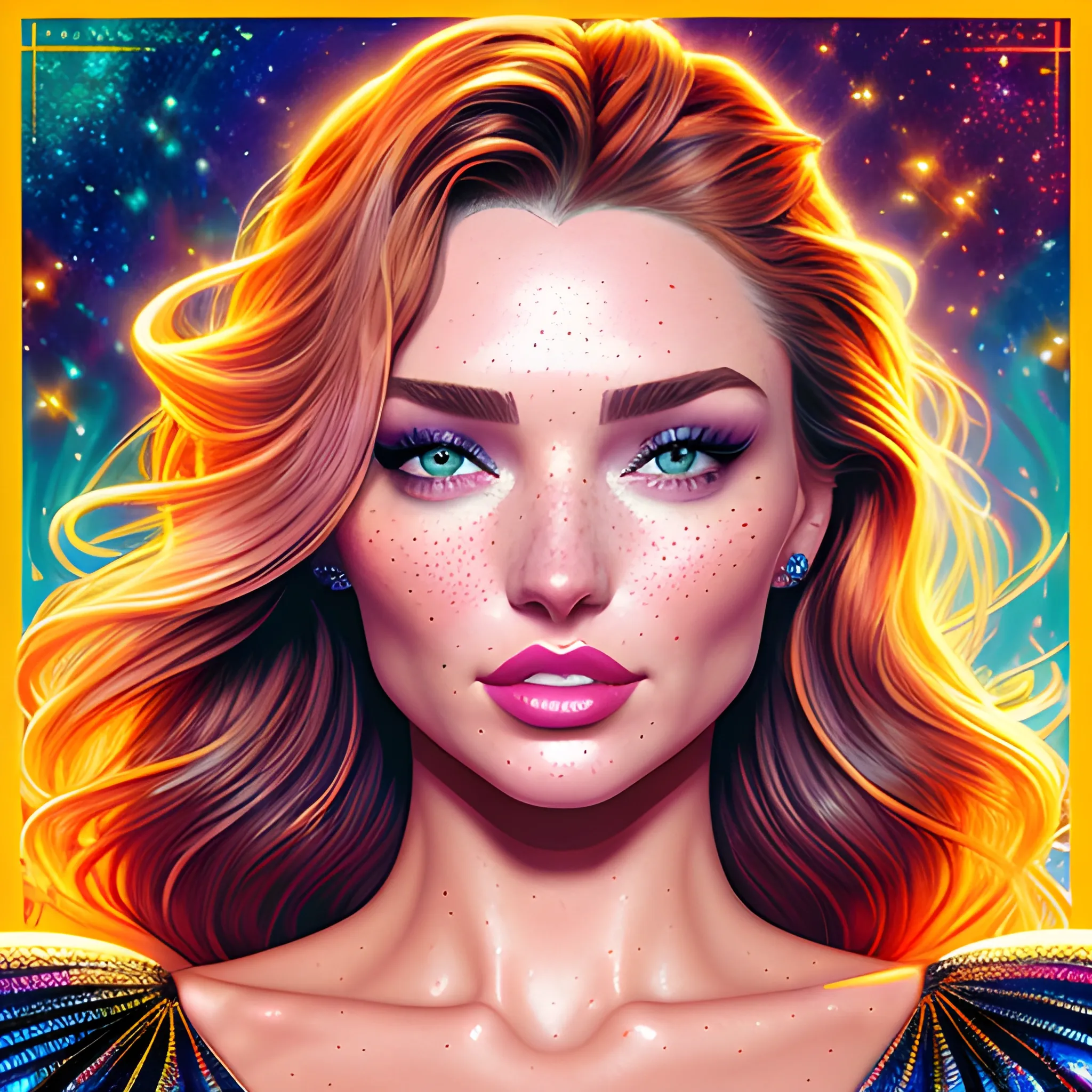 young Miranda Kerr / Candice Swanepoel / Elsa Hosk face morph, her highly detailed attractive softly freckled face, high cheekbones, sunken cheeks, meticulously detailed, multi-hued white-blond-red hair, blue-green eyes, dimple; supermodel, Victoria's Secret angel; by James R. Eads, Fausto-Giurescu, Tania Rivilis, Maxfield Parrish, Alphonse Mucha, Dan Mumford; luminous colorful sparkles, glitter, airbrush, depth of field, volumetric lighting Jason Beam art, Julie Bell art, Scott M Fischer, Neysa McMein, 3D