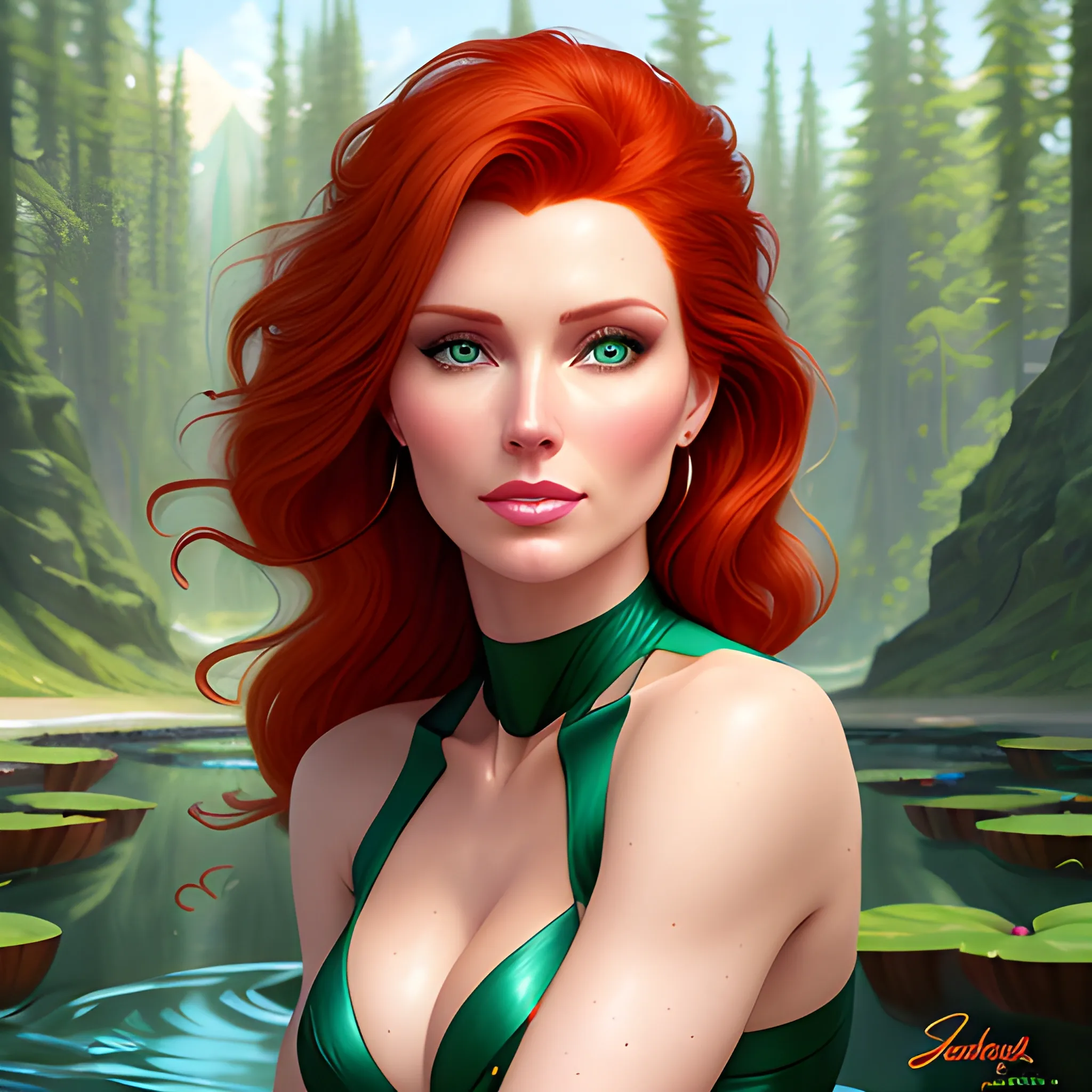 Elsa Hosk / Shanina Sheik / Robyn Lively face morph in a deep green pine tree forest; red hair, green eyes, highly detailed beautiful face; glitter, high contrast, pastel, sorbet, pearlescent, by Dan Parent, Artgerm, WLOP, intricately detailed, fantasy, beautiful, Chromolithography, Soft Shading, Unreal Engine; digital painting, smooth, sharp focus, illustration, art by lisa frank, Steve Goad, Frank Frazetta, William-Adolphe Bouguereau, Unreal Engine 5, Cartoon, 3D, Oil Painting, lotus pond