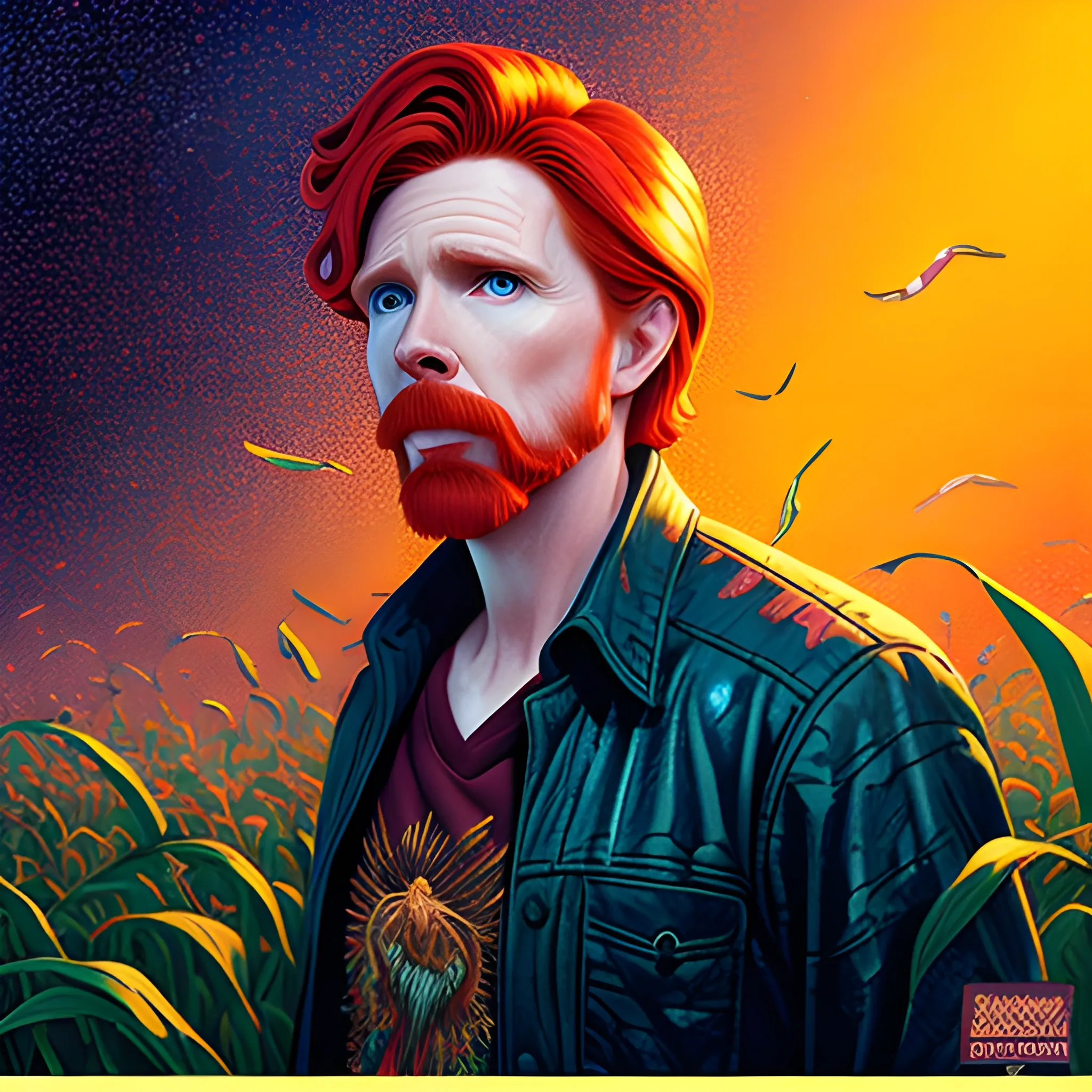 male actor Courtney Gains, his highly detailed handsome face, meticulously detailed multi-hued red hair, standing in tall corn, cornfield, nebula sky; by James R. Eads, Fausto-Giurescu, Tania Rivilis, Renata-s-art, Dan Mumford; luminous colorful sparkles, glitter, airbrush, depth of field, volumetric lighting, deep color, underground comix