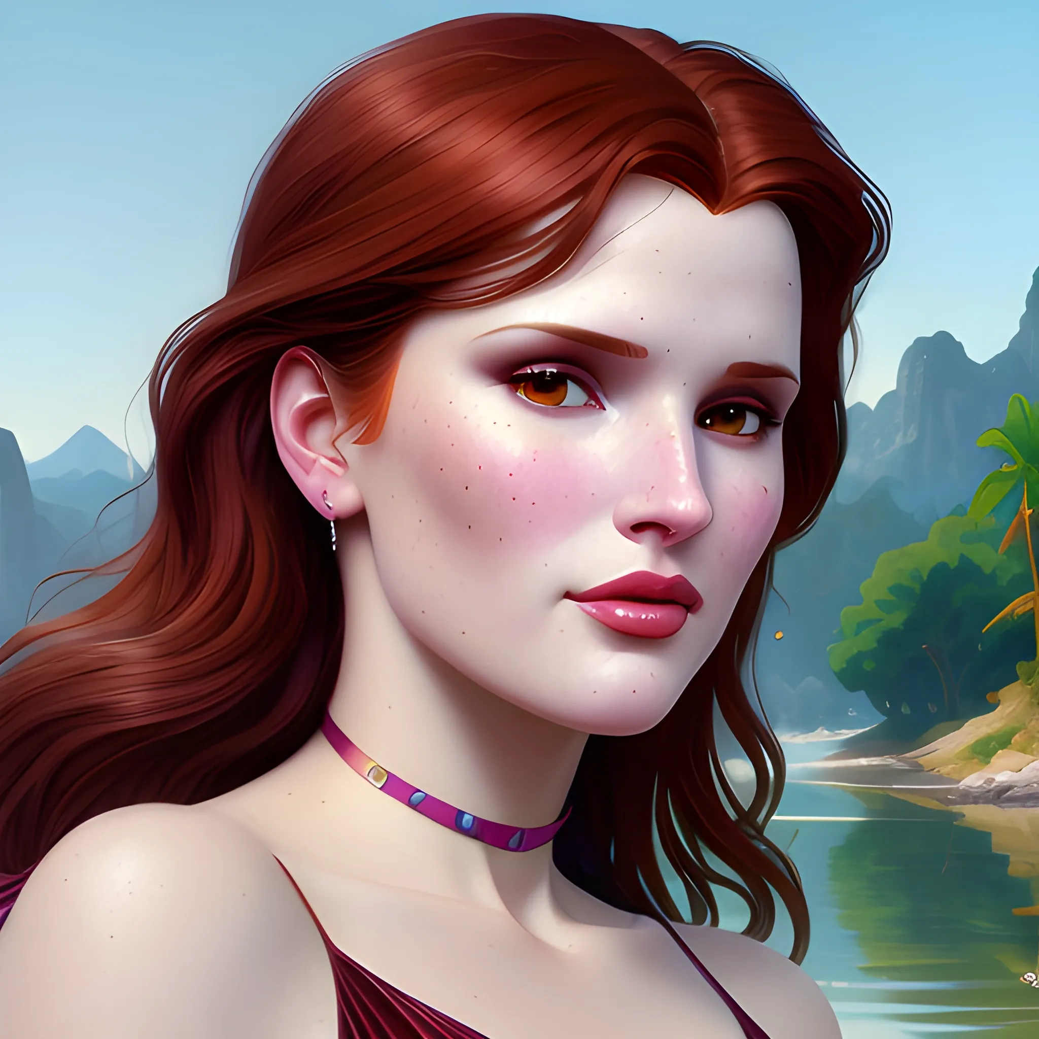 Bella Thorne / Geena Davis face morph by a river; highly detailed beautiful face, dark red hair; glitter, renaissance; high contrast, pastel, sorbet, pearlescent, Unreal Engine 5; by Dan Parent, Alphonse Mucha, Artgerm, WLOP, intricately detailed, fantasy, bizarre, beautiful, Chromolithography, Soft Shading, Unreal Engine; digital painting, smooth, sharp focus, illustration, art by lisa frank, Steve Goad, Frank Frazetta, William-Adolphe Bouguereau, Unreal Engine 5, Cartoon, 3D, Oil Painting, 3D