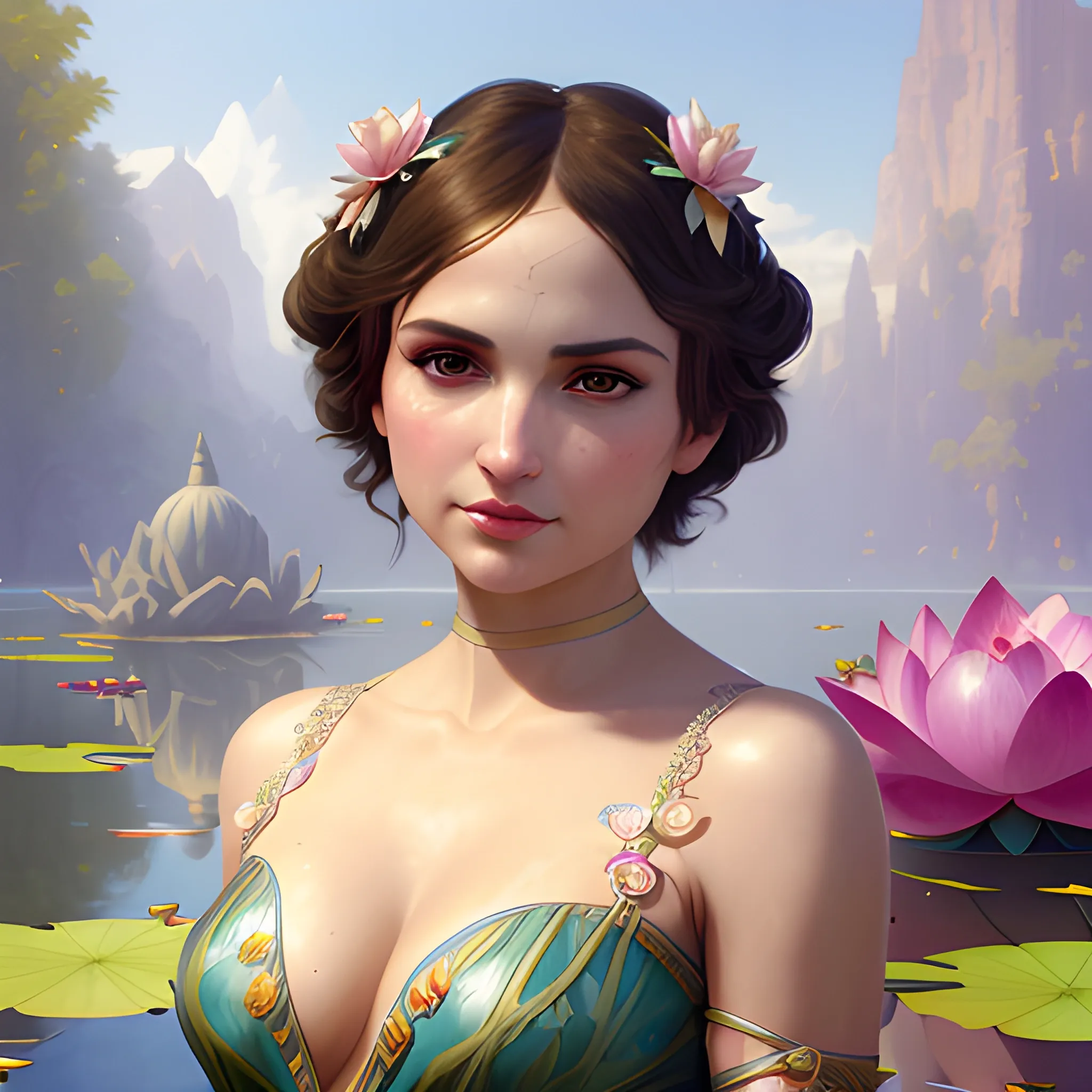 Rachel Leigh Cook at a lotus pond; highly detailed beautiful face; glitter, renaissance; high contrast, pastel, sorbet, pearlescent, underwater, surreal, Unreal Engine 5; by Dan Parent, Alphonse Mucha, Artgerm, WLOP, intricately detailed, fantasy, bizarre, beautiful, Chromolithography, Soft Shading, Unreal Engine; digital painting, smooth, sharp focus, illustration, art by lisa frank, Steve Goad, Frank Frazetta, William-Adolphe Bouguereau, Unreal Engine 5, Cartoon, 3D, Oil Painting