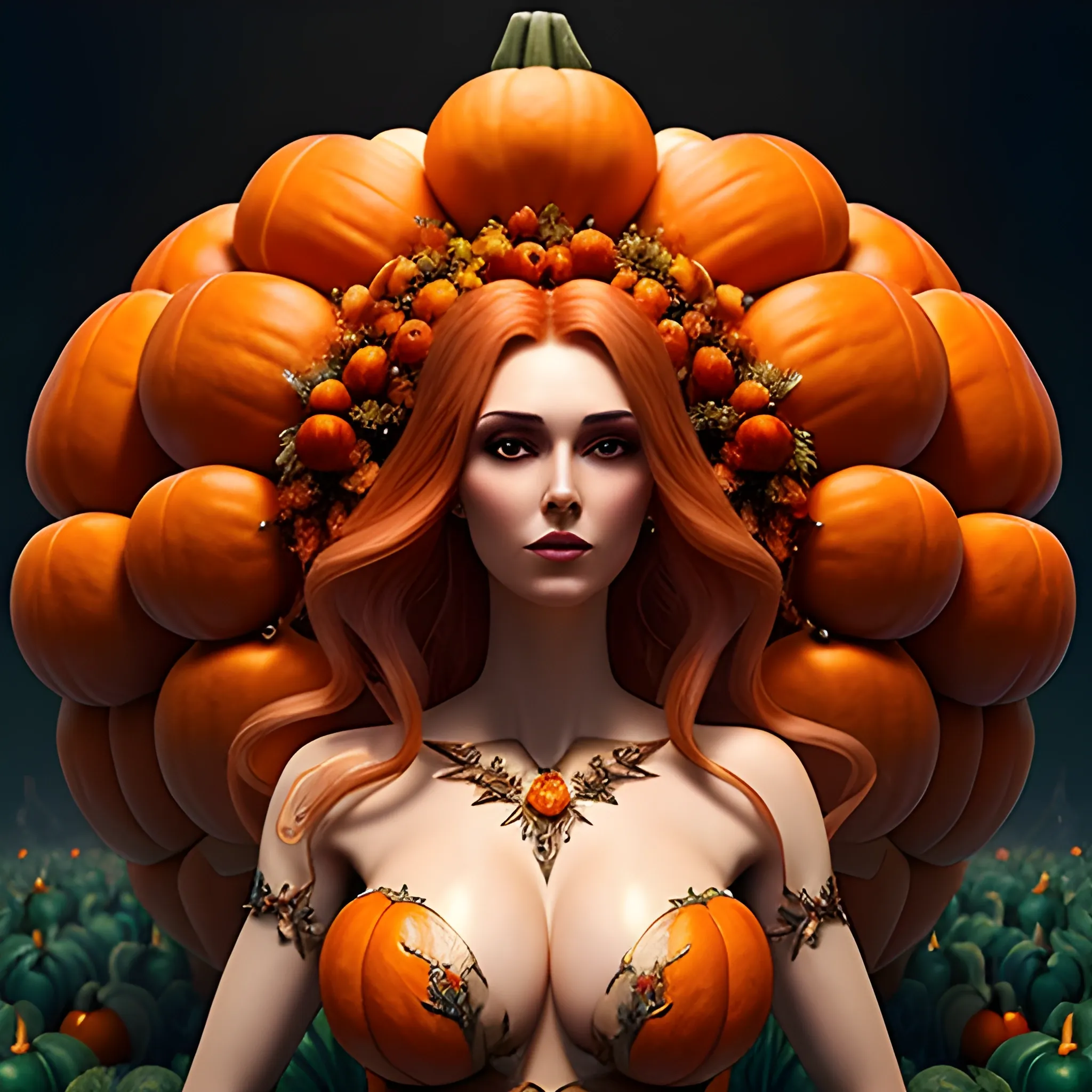 a beautiful young woman surrounded by pumpkins, fantasy art; Renaissance,16k, mixed media, ethereal, Unreal Engine 5 