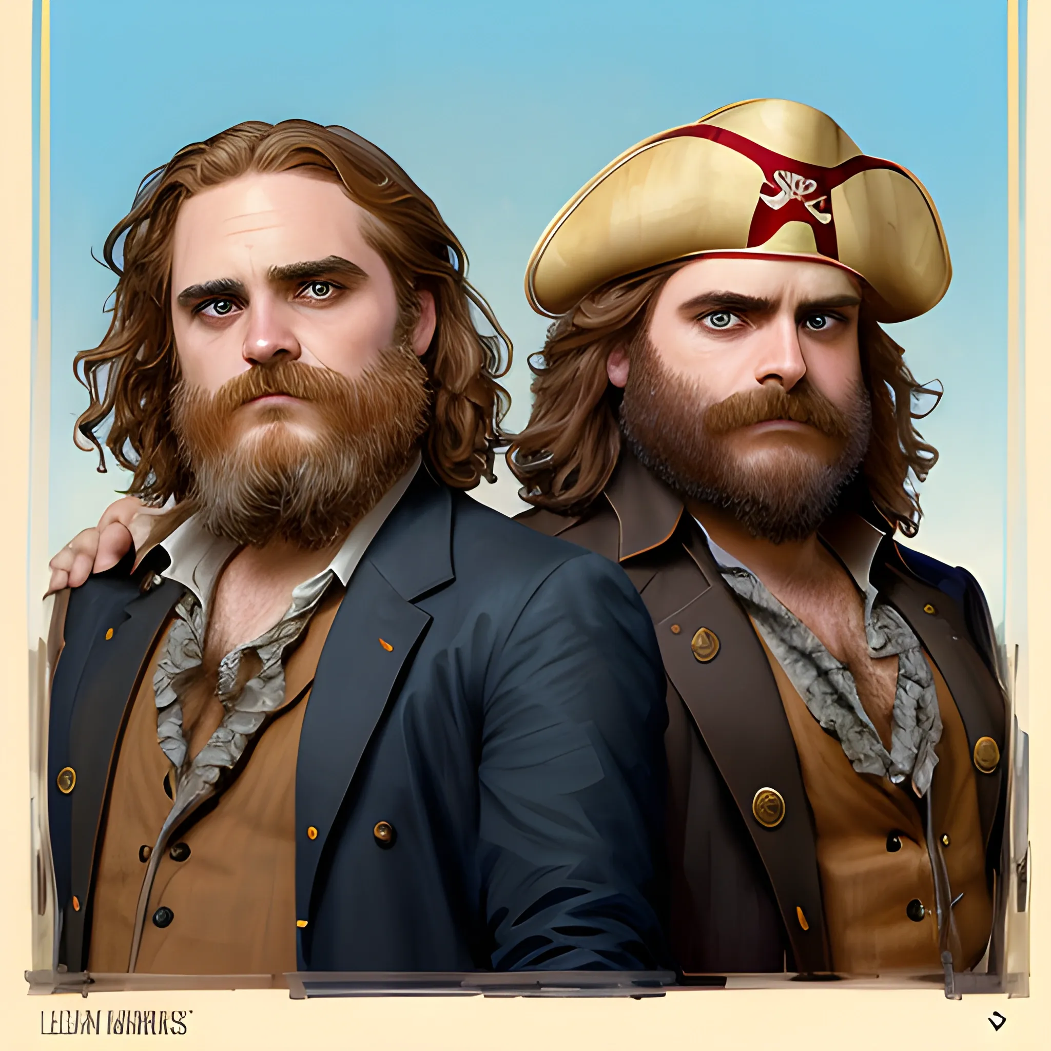 Joaquin Phoenix and Zach Galifianakis doing cosplay as pirates, highly detailed faces, modern American; by Lisa Frank, Daniel Gerhartz, Phil Noto art, Mucha, Manara; hyper-detailed, hyper-realistic, sharp focus; symmetrical face; textured shading, subtractive lighting, Unreal Engine