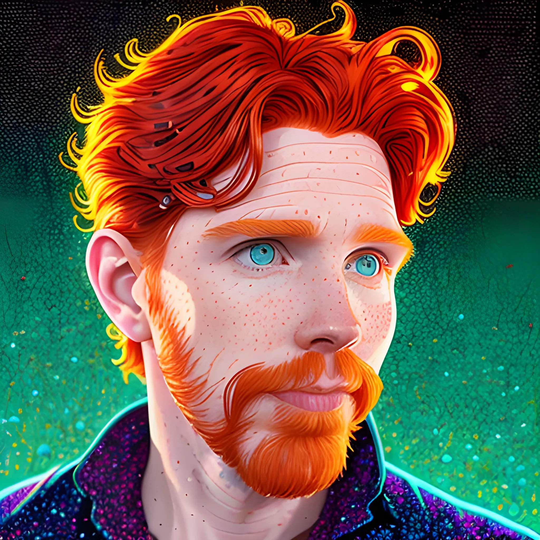 male actor Courtney Gains, his highly detailed handsome softly freckled face, meticulously detailed multi-hued red hair; by James R. Eads, Fausto-Giurescu, Tania Rivilis, Dan Mumford; luminous colorful sparkles, glitter, airbrush, depth of field, volumetric lighting