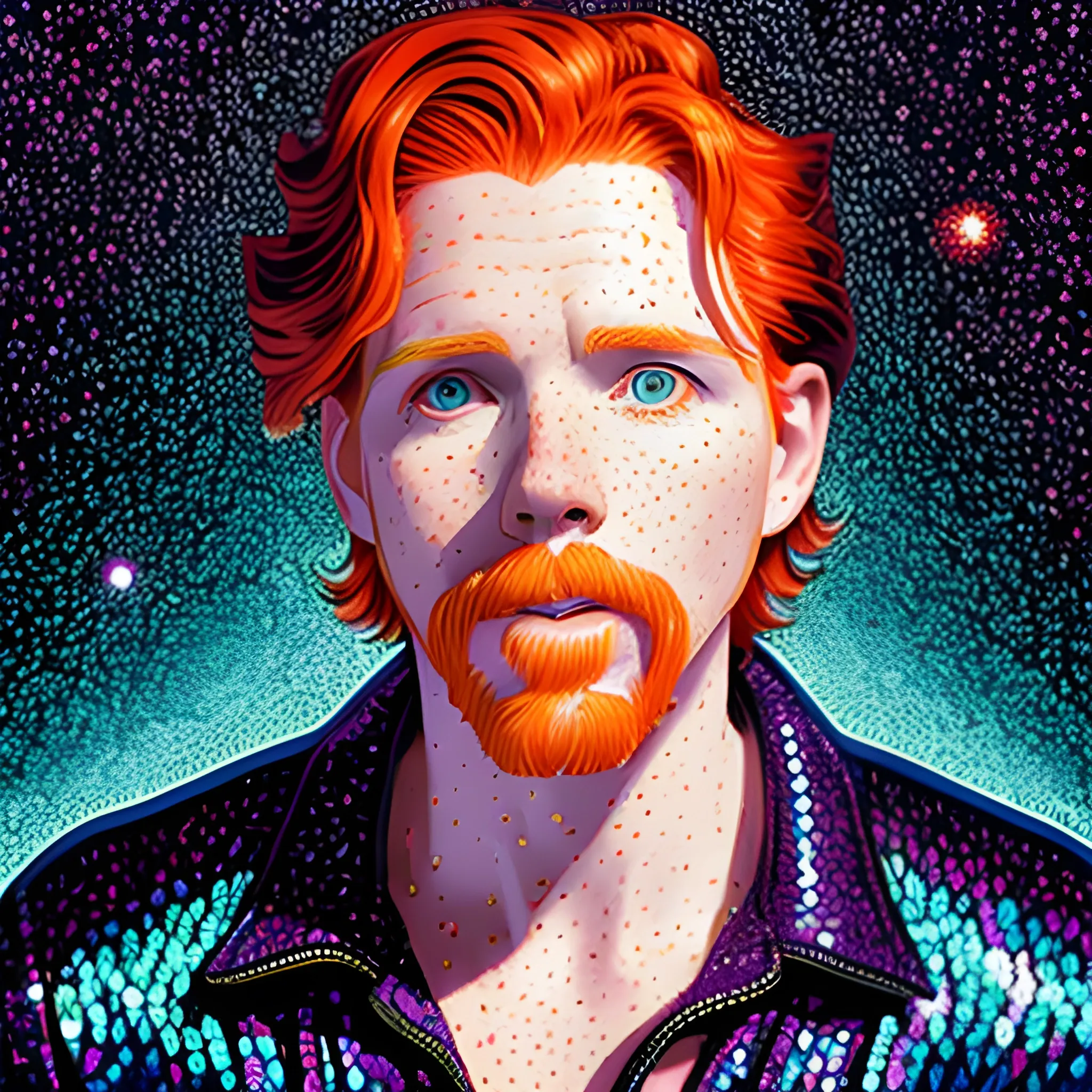 male actor Courtney Gains, his highly detailed handsome softly freckled face, meticulously detailed multi-hued red hair; by James R. Eads, Fausto-Giurescu, Tania Rivilis, Dan Mumford; luminous colorful sparkles, glitter, airbrush, depth of field, volumetric lighting
