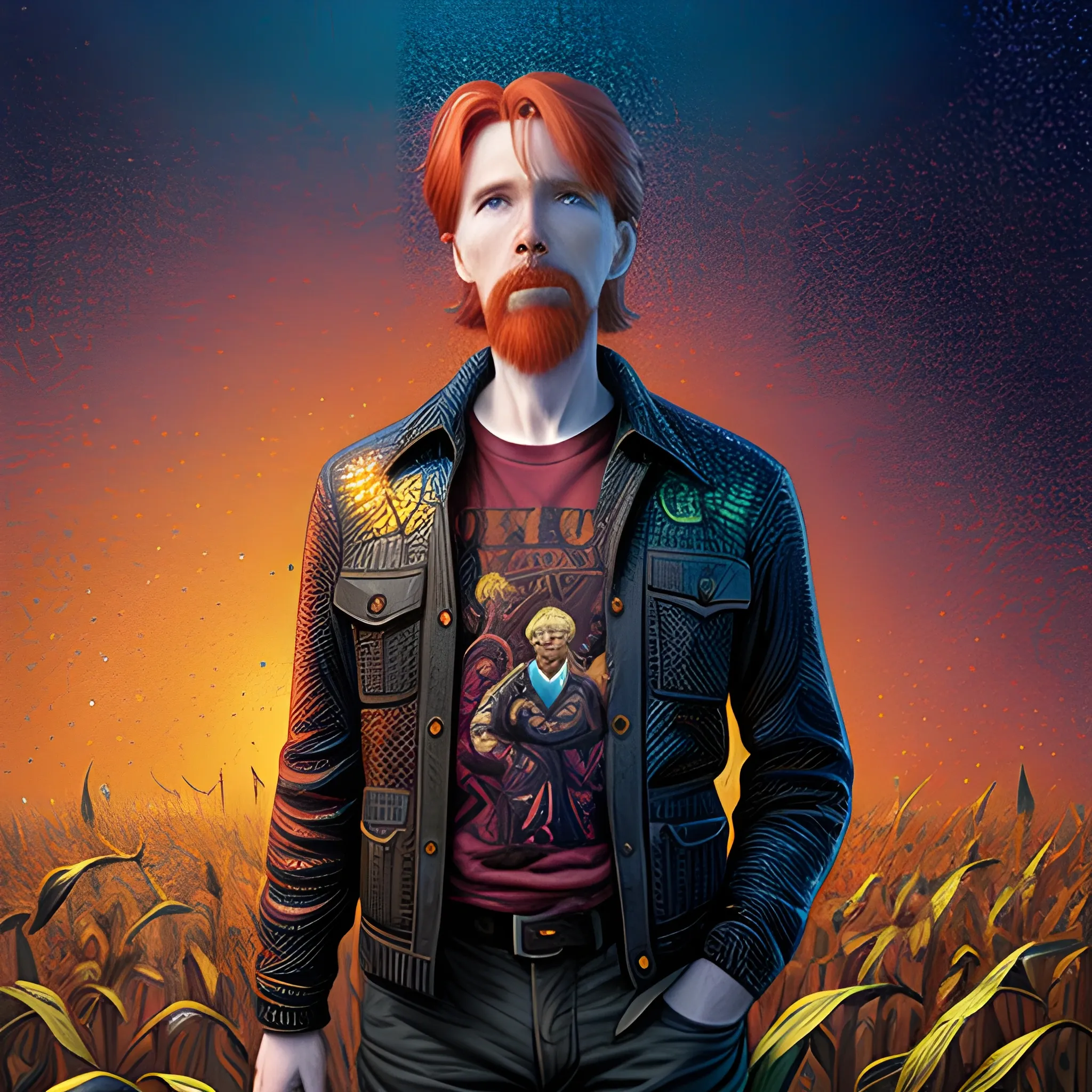 male actor Courtney Gains, his highly detailed handsome face, meticulously detailed multi-hued red hair, standing in tall corn, cornfield, nebula sky; by James R. Eads, Fausto-Giurescu, Tania Rivilis, Renata-s-art, Dan Mumford; luminous colorful sparkles, glitter, airbrush, depth of field, volumetric lighting, deep color, underground comix