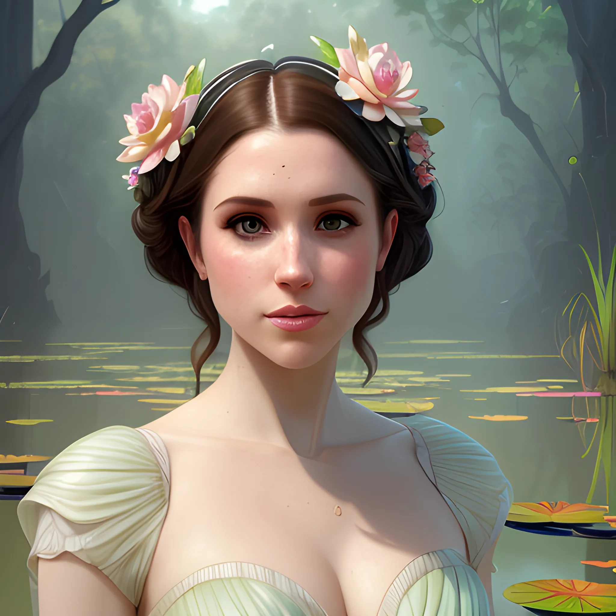 Meghan Markle / Anna Kendrick face morph at a lotus pond; highly detailed beautiful face; glitter, renaissance; high contrast, pastel, sorbet, pearlescent, underwater, surreal, Unreal Engine 5; by Dan Parent, Alphonse Mucha, Artgerm, WLOP, intricately detailed, fantasy, bizarre, beautiful, Chromolithography, Soft Shading, Unreal Engine; digital painting, smooth, sharp focus, illustration, art by lisa frank, Steve Goad, Frank Frazetta, William-Adolphe Bouguereau, Unreal Engine 5, Cartoon, 3D, Oil Painting, 3D