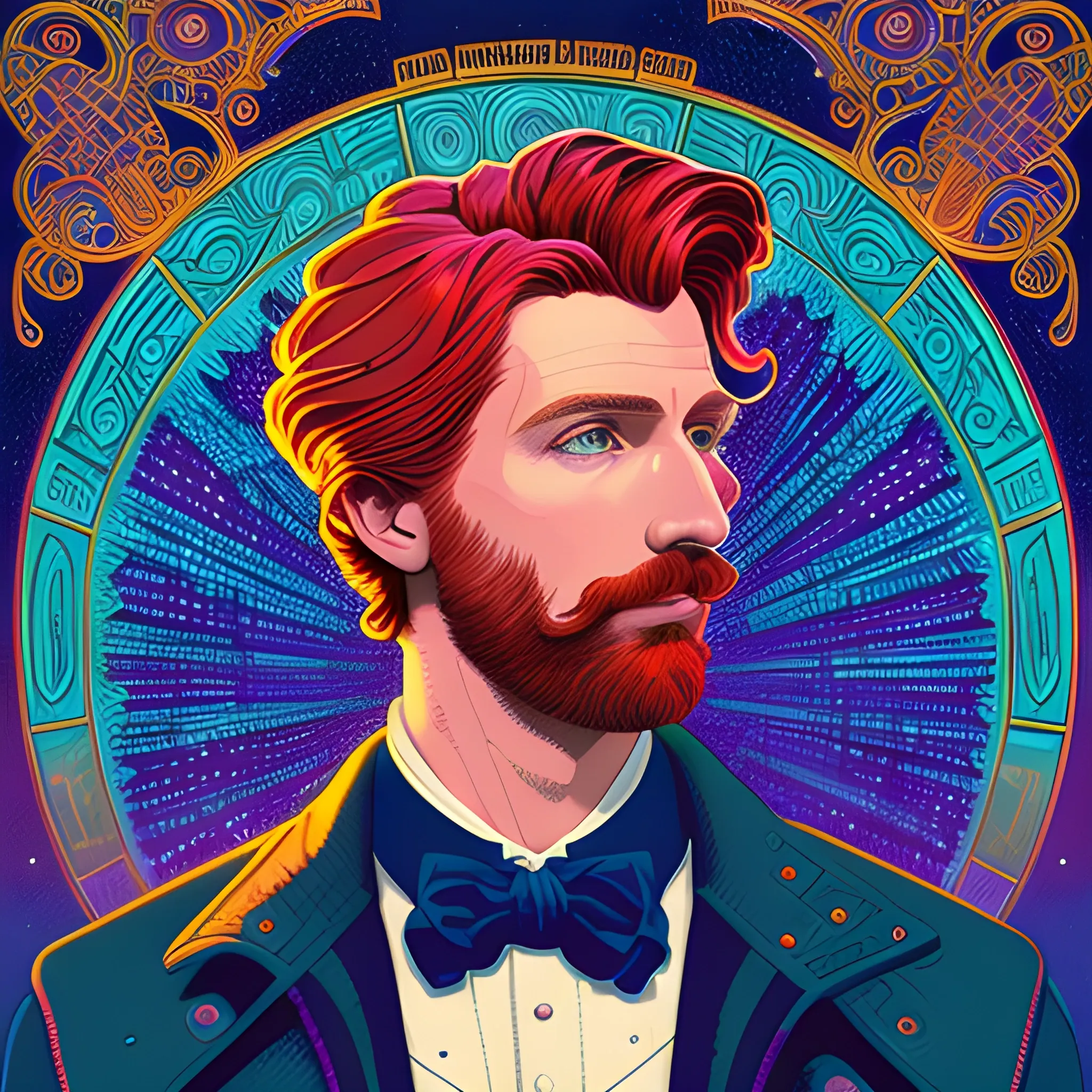 male model Gwilym Pugh, his highly detailed handsome face, meticulously detailed multi-hued red hair; by James R. Eads, Fausto-Giurescu, Tania Rivilis, Maxfield Parrish, Alphonse Mucha, Dan Mumford; luminous colorful sparkles, glitter, airbrush, depth of field, volumetric lighting, deep color, underground comix, 3D