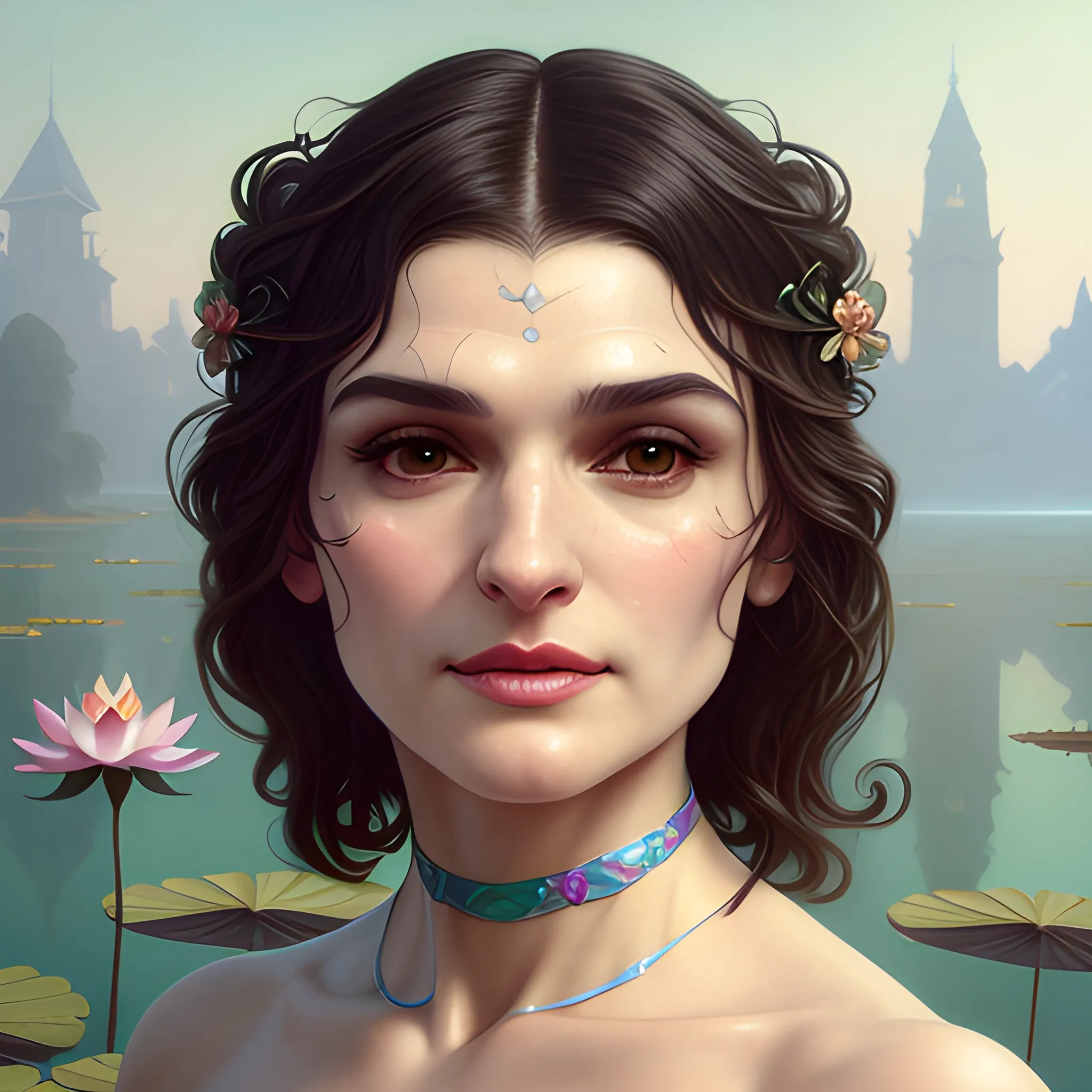 Rachel Weisz at a lotus pond; highly detailed beautiful face; glitter, renaissance; high contrast, pastel, sorbet, pearlescent, underwater, surreal, Unreal Engine 5; by Dan Parent, Alphonse Mucha, Artgerm, WLOP, intricately detailed, fantasy, bizarre, beautiful, Chromolithography, Soft Shading, Unreal Engine; digital painting, smooth, sharp focus, illustration, art by lisa frank, Steve Goad, Frank Frazetta, William-Adolphe Bouguereau, Unreal Engine 5, Cartoon, 3D, Oil Painting