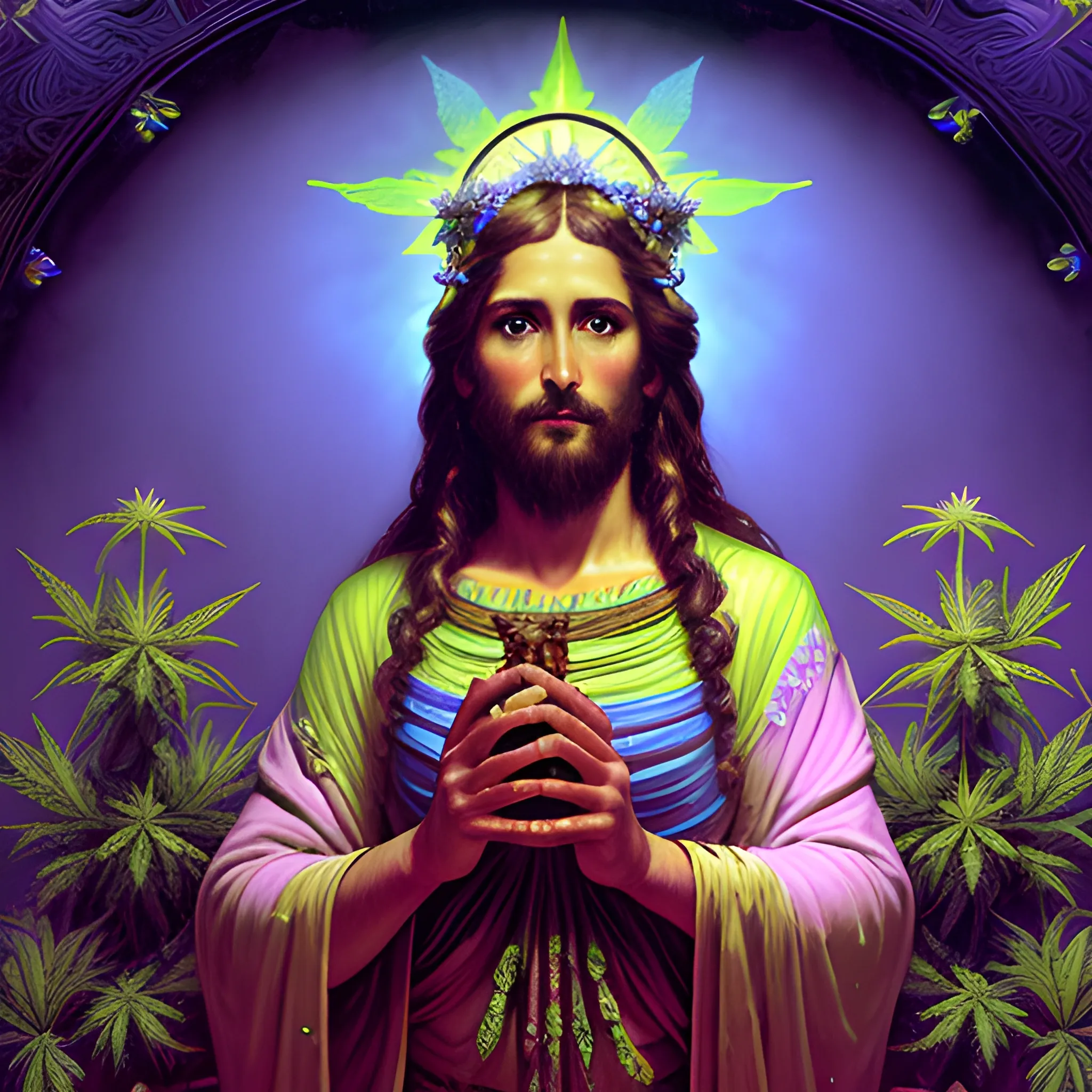 eoclassicist colorful blacklight uv highly detailed painting of Jesus as a marijuana goddess, ethereal fantasy hyperdetailed mist, maximalist matte painting, polished, realistic oil painting; old fashioned, vintage, antique; luminous color sparkles, marijuana, by gaston bussiere, craig mullins, j. c. leyendecker, norman rockwell