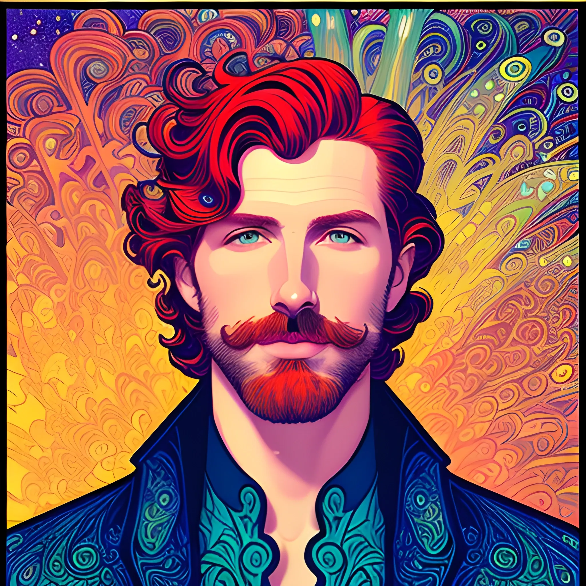 male model Gwilym Pugh, his highly detailed handsome face, meticulously detailed multi-hued red hair; by James R. Eads, Fausto-Giurescu, Tania Rivilis, Maxfield Parrish, Alphonse Mucha, Dan Mumford; luminous colorful sparkles, glitter, airbrush, depth of field, volumetric lighting, deep color, underground comix, 3D