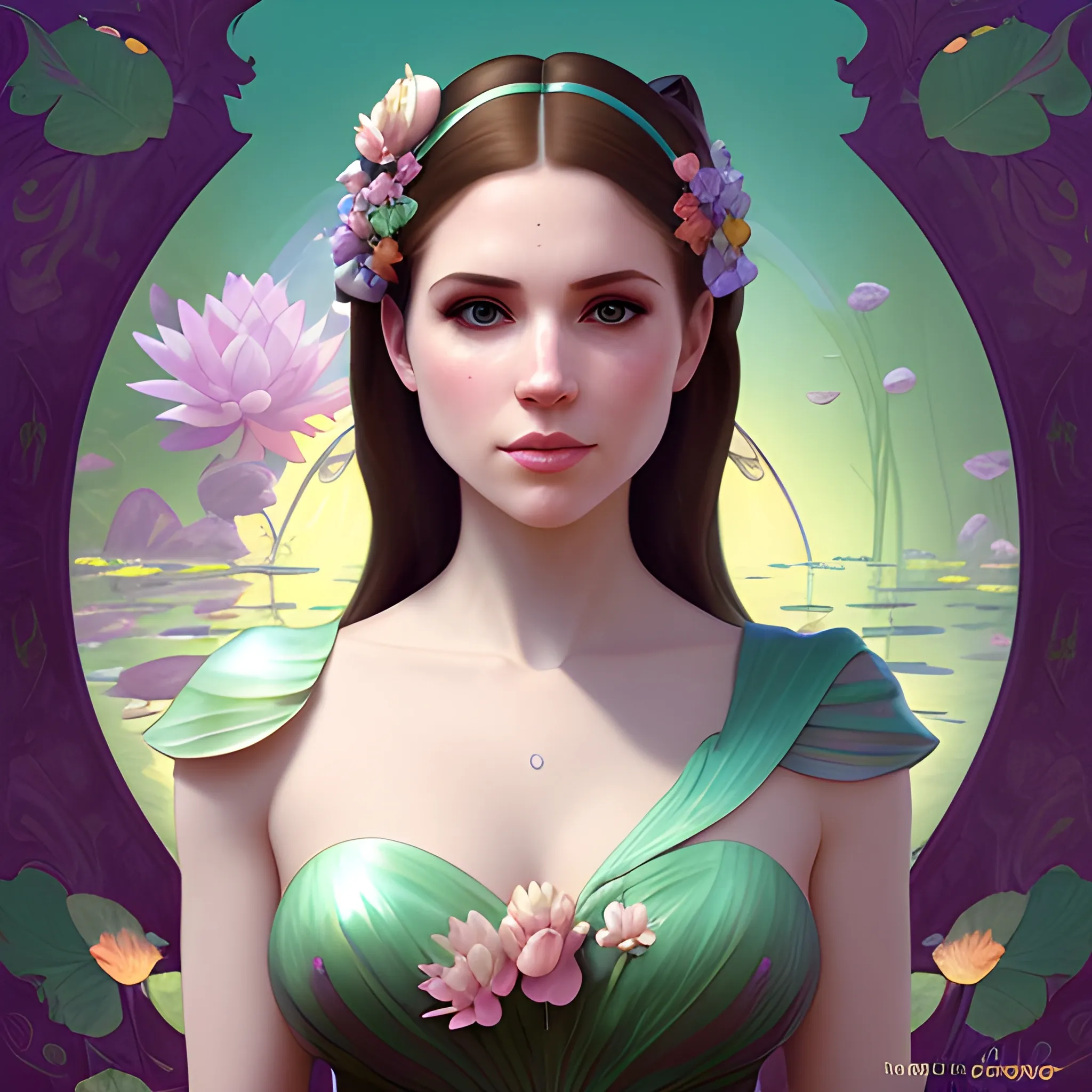 Meghan Markle / Anna Kendrick face morph at a lotus pond; highly detailed beautiful face; glitter, renaissance; high contrast, pastel, sorbet, pearlescent, underwater, surreal, Unreal Engine 5; by Dan Parent, Alphonse Mucha, Artgerm, WLOP, intricately detailed, fantasy, bizarre, beautiful, Chromolithography, Soft Shading, Unreal Engine; digital painting, smooth, sharp focus, illustration, art by lisa frank, Steve Goad, Frank Frazetta, William-Adolphe Bouguereau, Unreal Engine 5, Cartoon, 3D, Oil Painting, 3D