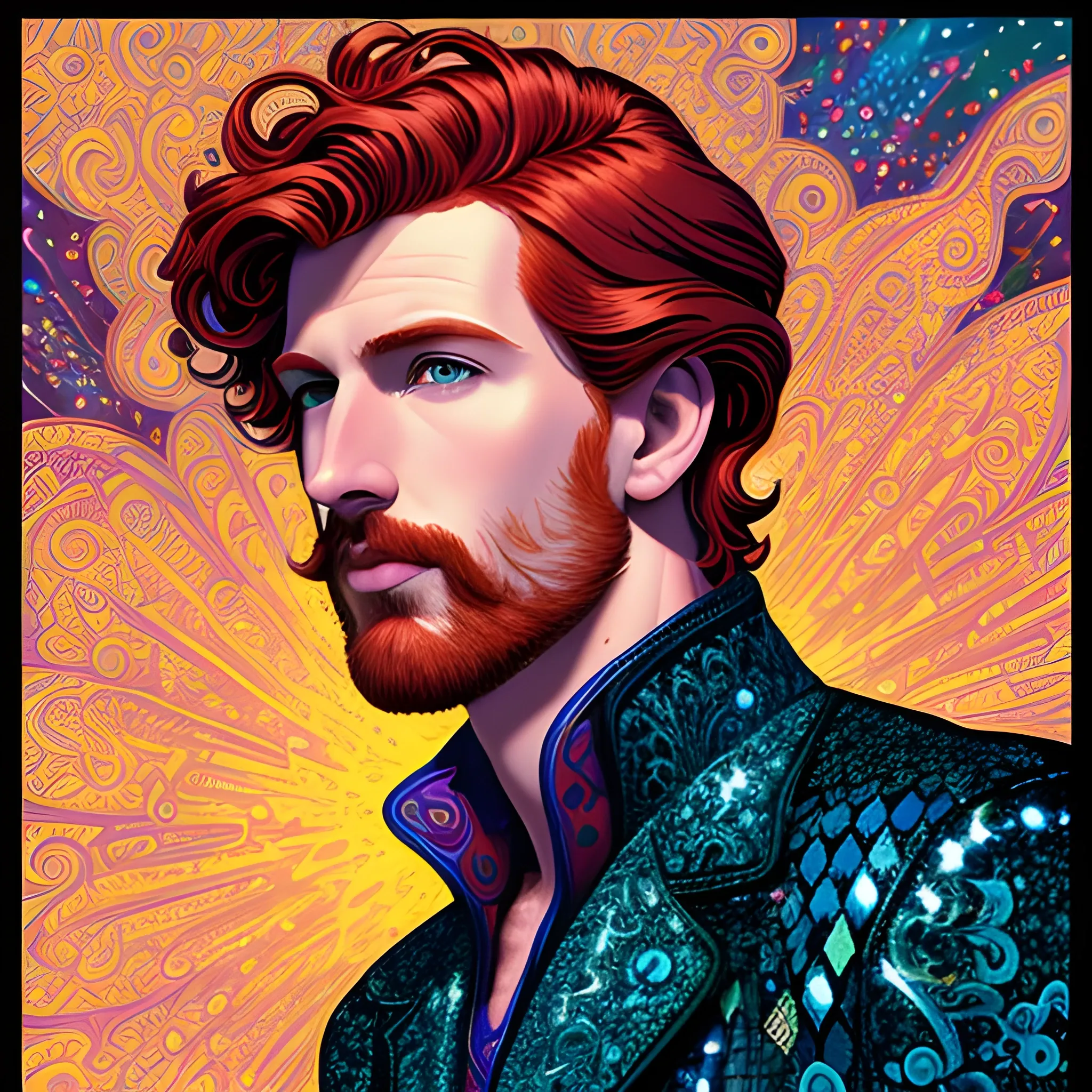 male model Gwilym Pugh, his highly detailed handsome face, meticulously detailed multi-hued red hair; by James R. Eads, Fausto-Giurescu, Tania Rivilis, Maxfield Parrish, Alphonse Mucha, Dan Mumford; luminous colorful sparkles, glitter, airbrush, depth of field, volumetric lighting, deep color, underground comix, 3D