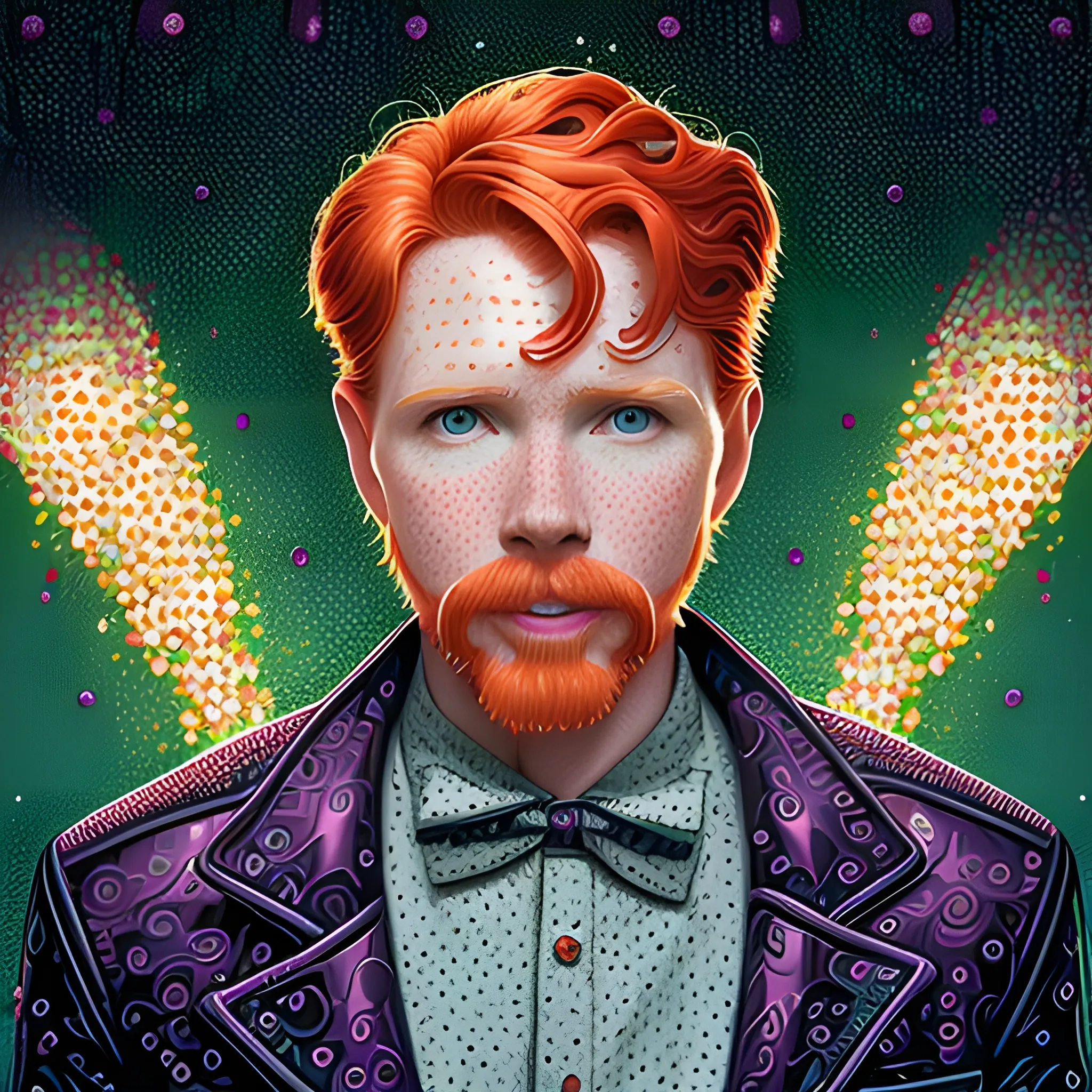 male actor Courtney Gains, his highly detailed handsome softly freckled face, meticulously detailed multi-hued red hair; by James R. Eads, Fausto-Giurescu, Tania Rivilis, Dan Mumford; luminous colorful sparkles, glitter, airbrush, depth of field, volumetric lighting