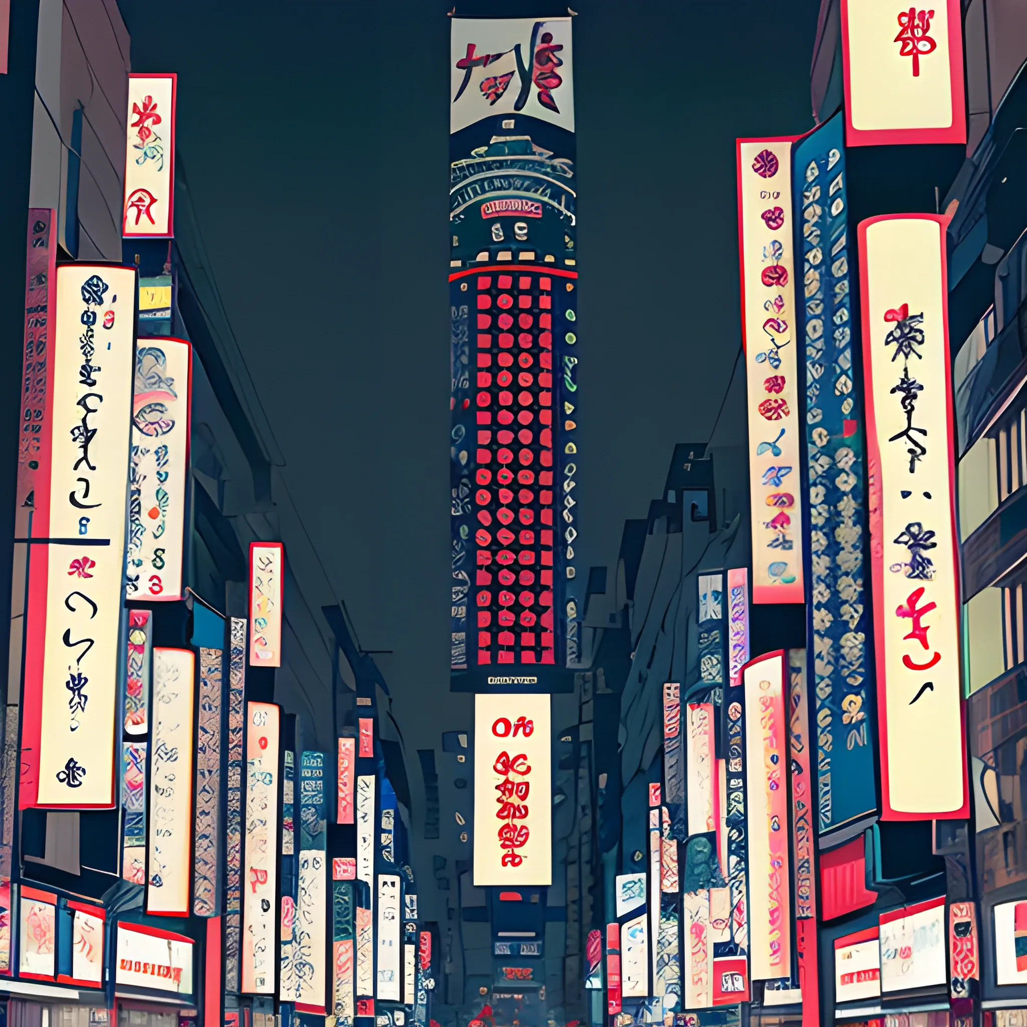 Aesthetically huge billboards and posters are set up in nighttime plazas in Japan. Everything is bizarre and sensual atmosphere . ukiyo-e style