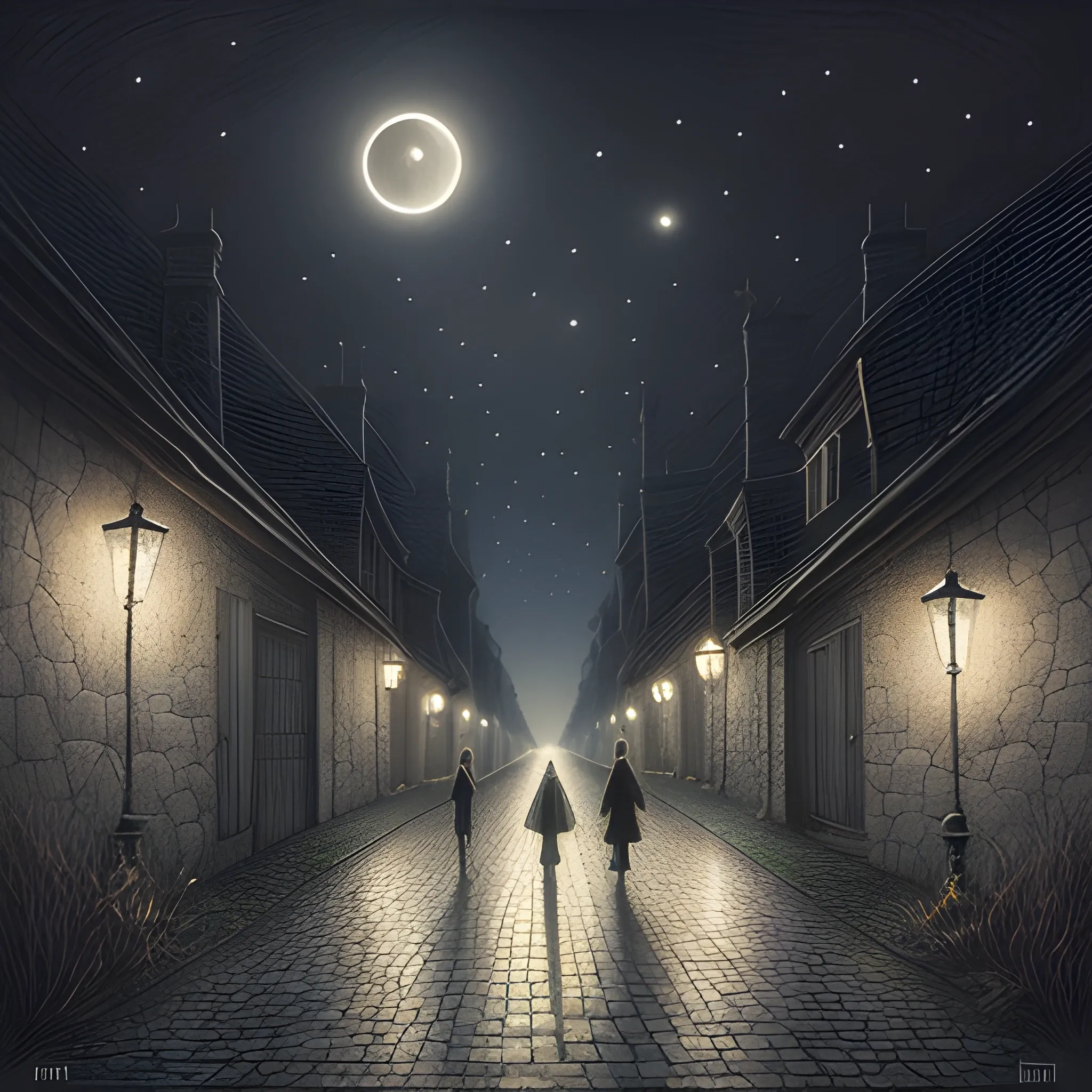  NIght walk by misterious road , iluminated by a half moon lightColored pencil art on paper, highly detailed, artstation, portrait, Caran d'Ache Luminance, 3D