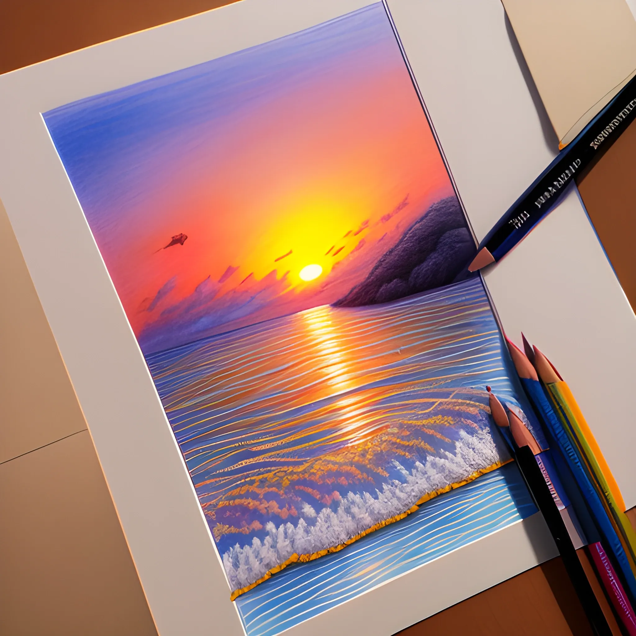 Peacefull sunset in Puerto Limon Costa Rica lightColored pencil art on paper, highly detailed, artstation, portrait, Caran d'Ache Luminance, 3D