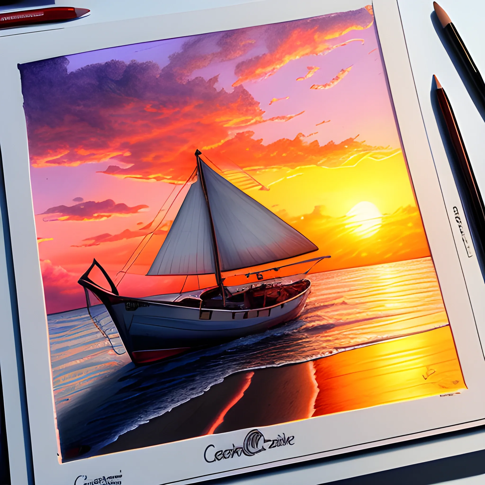 Peacefull sunset in Puerto Limon Costa Rica , highly detailed, artstation, portrait, Caran d'Ache Luminance, 3D