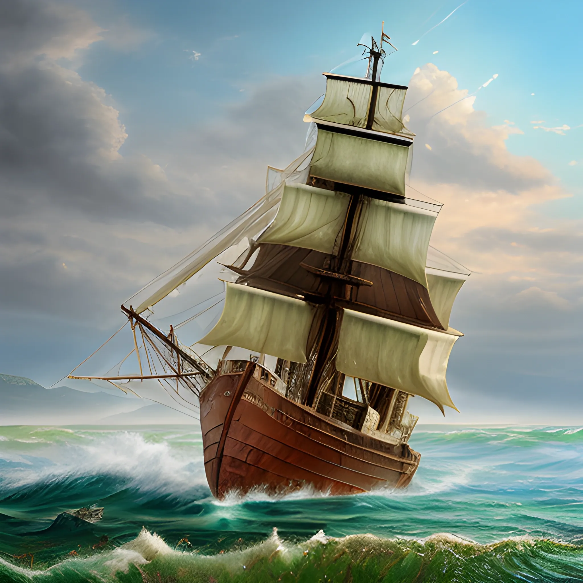 Ancient cargo ship , sailing in the sea, 3D 8k , high definition , ultrarealistic, Oil Painting