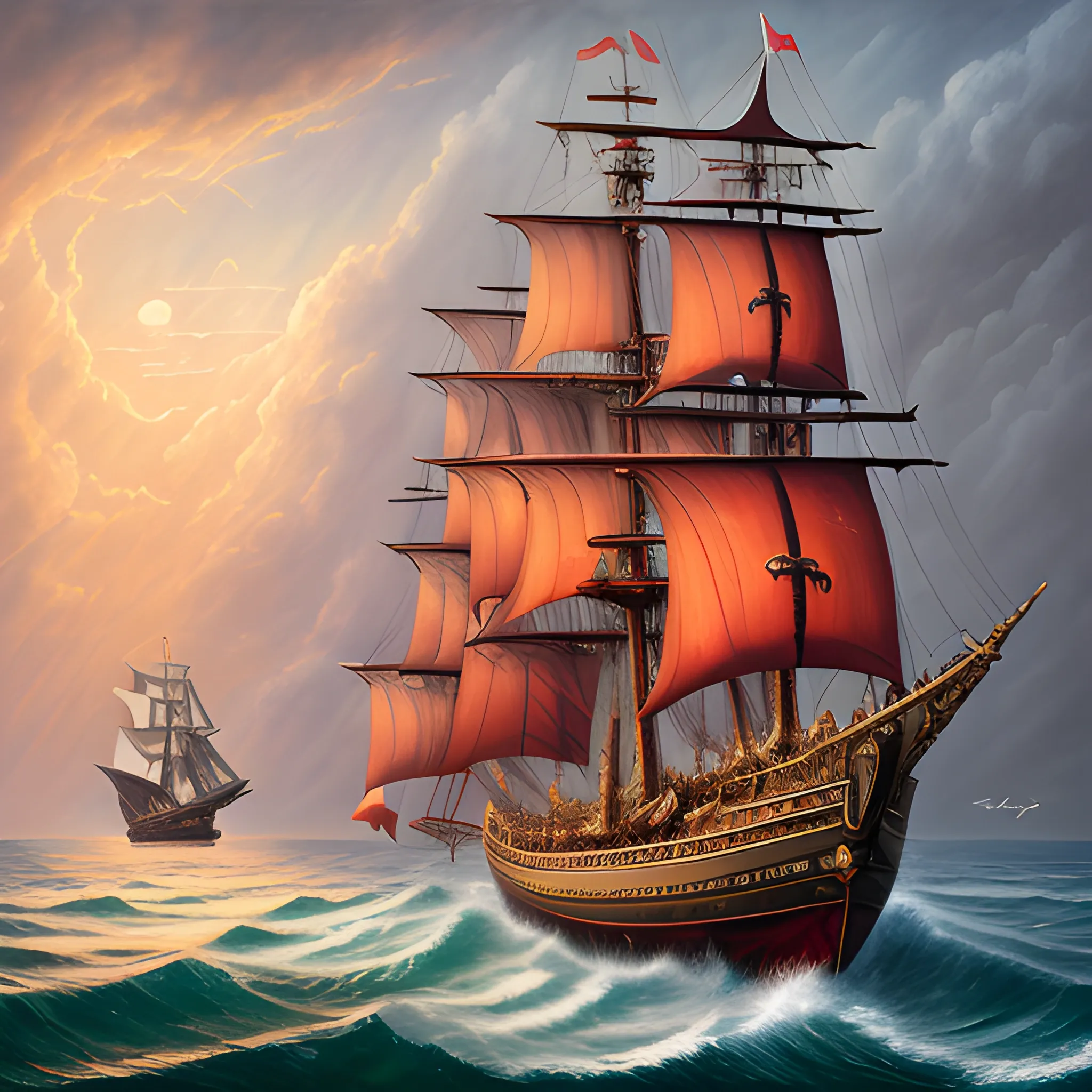 Last trip of the ship Demeter, Dracula s ship , sailing in the sea, 3D 8k , high definition , ultrarealistic, Oil Painting