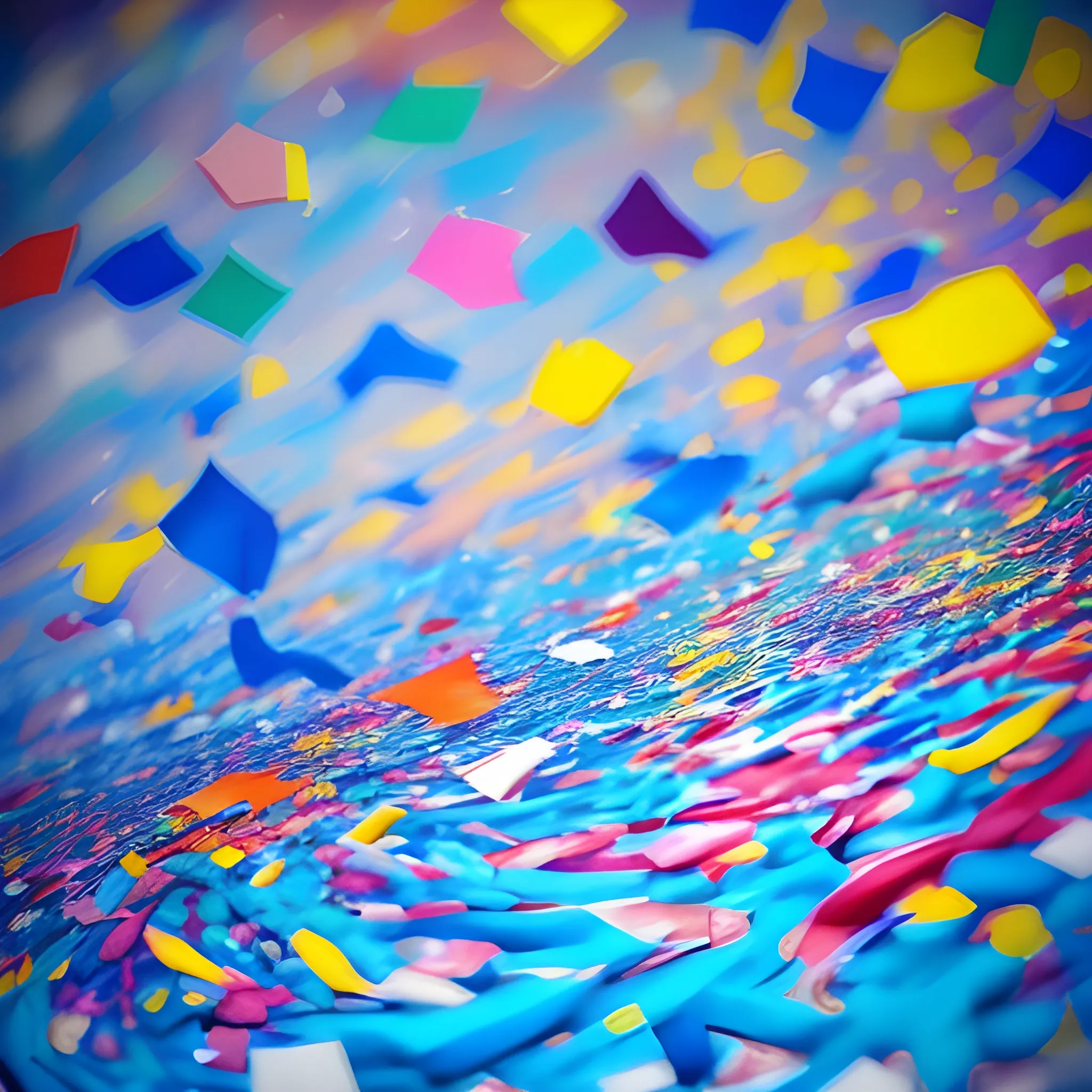 a lot of colourful confetti, minimal infinity blue back ground hdr, hyperrealistic shot on 35mm ultra-wide angle depth of field shutter speed 1/1000, f/22 photography 8k, Water Color, Oil Painting, Oil Painting, 3D