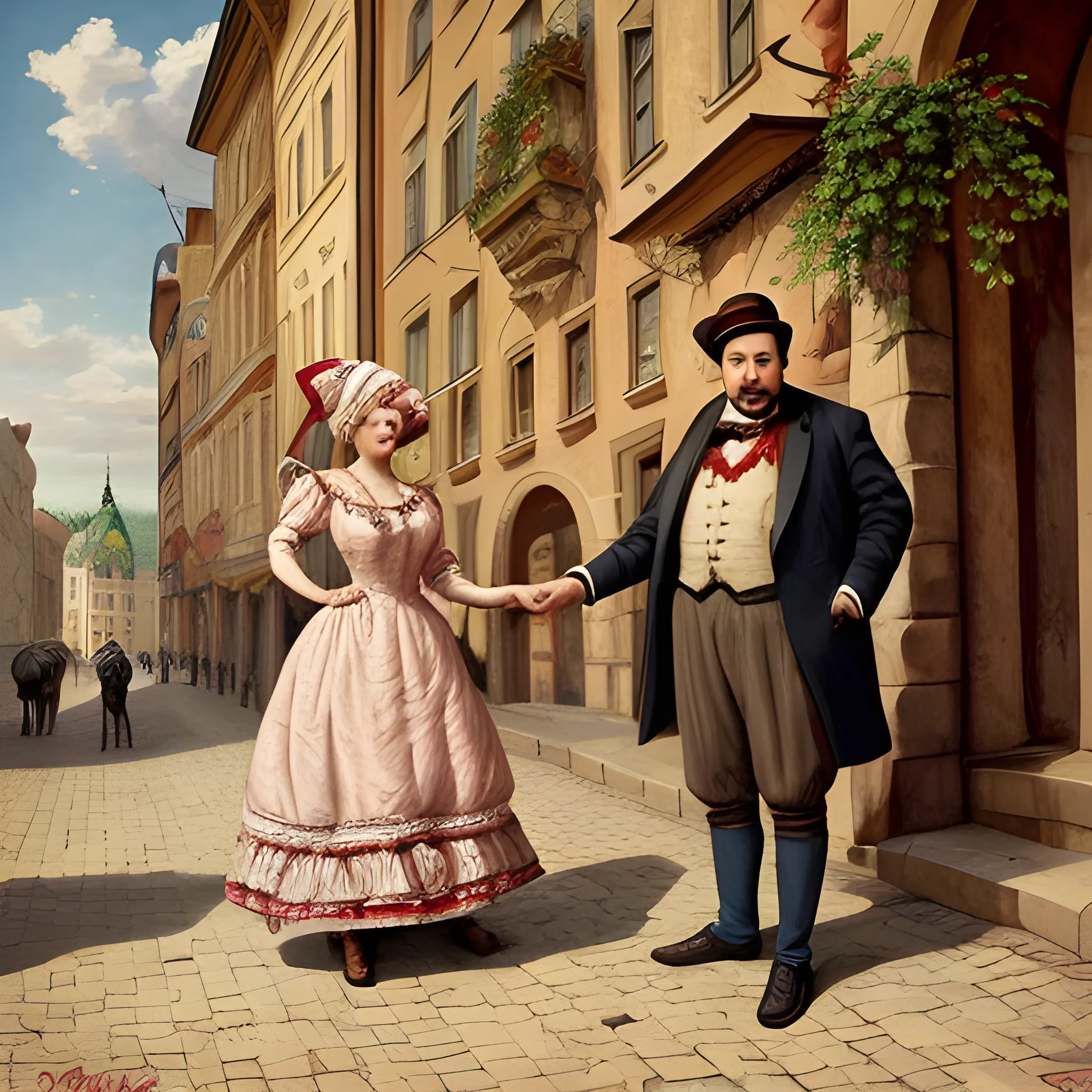 A stereotypical Hungarian man and woman doing stereotypical hungarian things, highly detailed