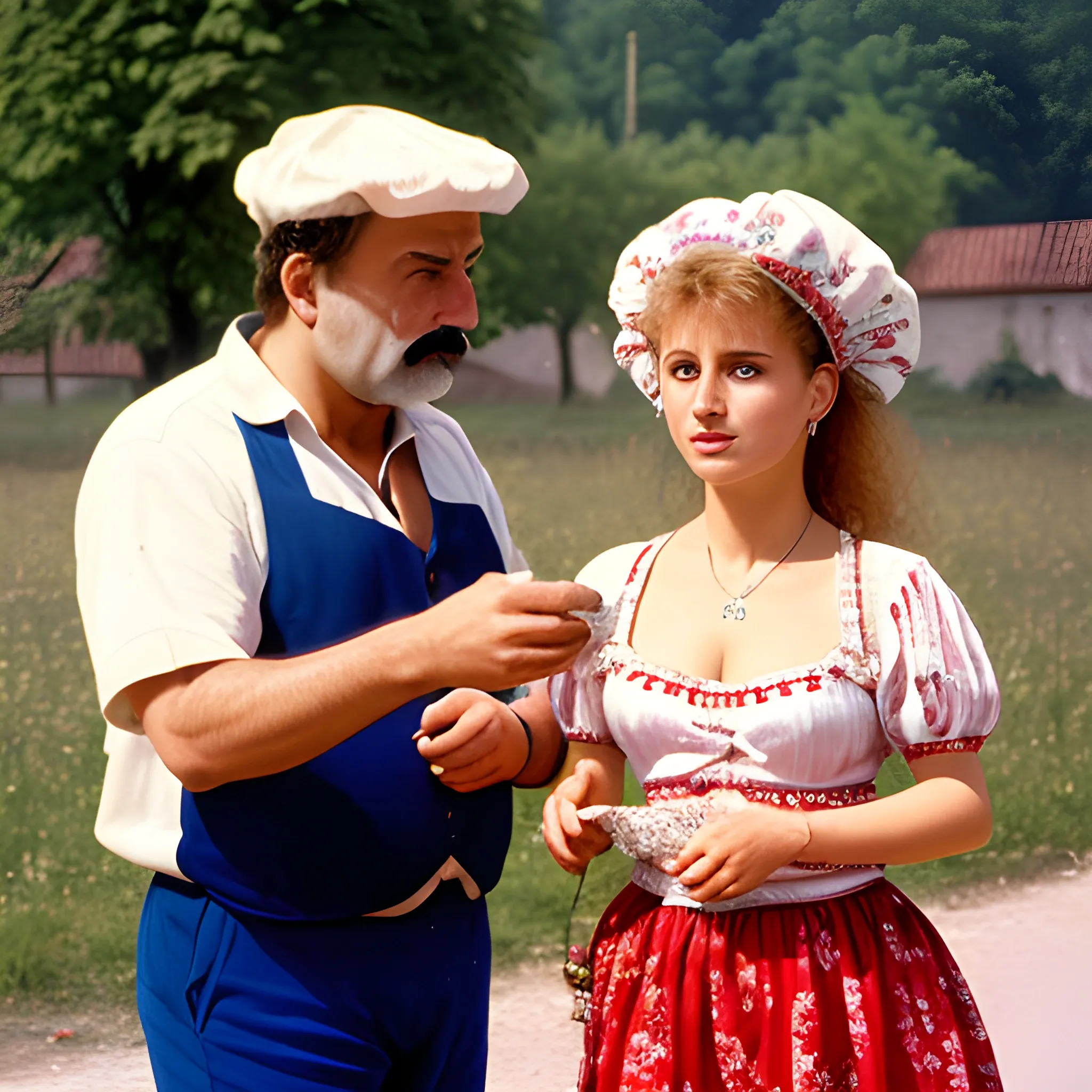 A stereotypical Hungarian man and woman doing stereotypical hungarian things, 1990, highly detailed