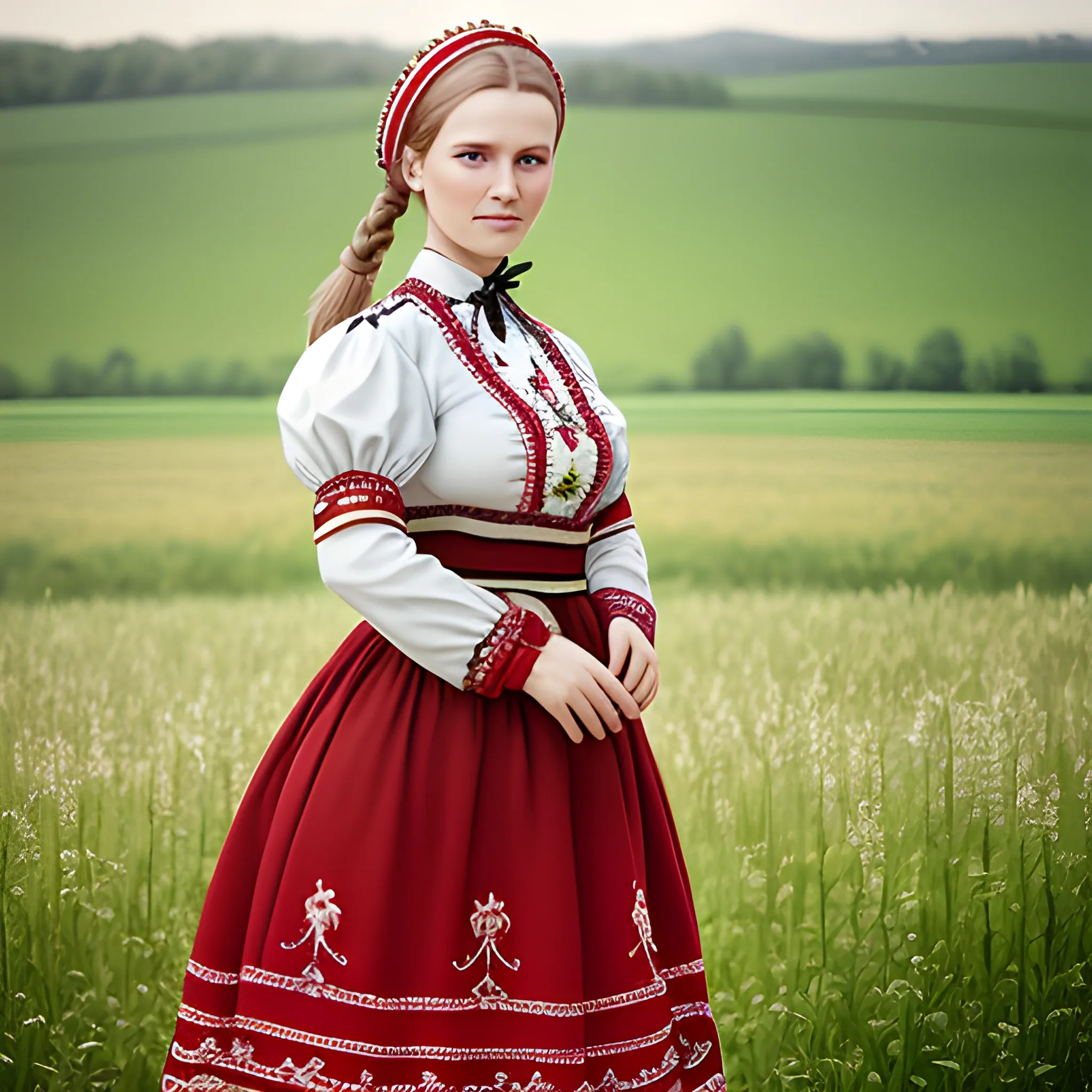 Hungarian woman wearing national Hungarian clothing, realistic p ...