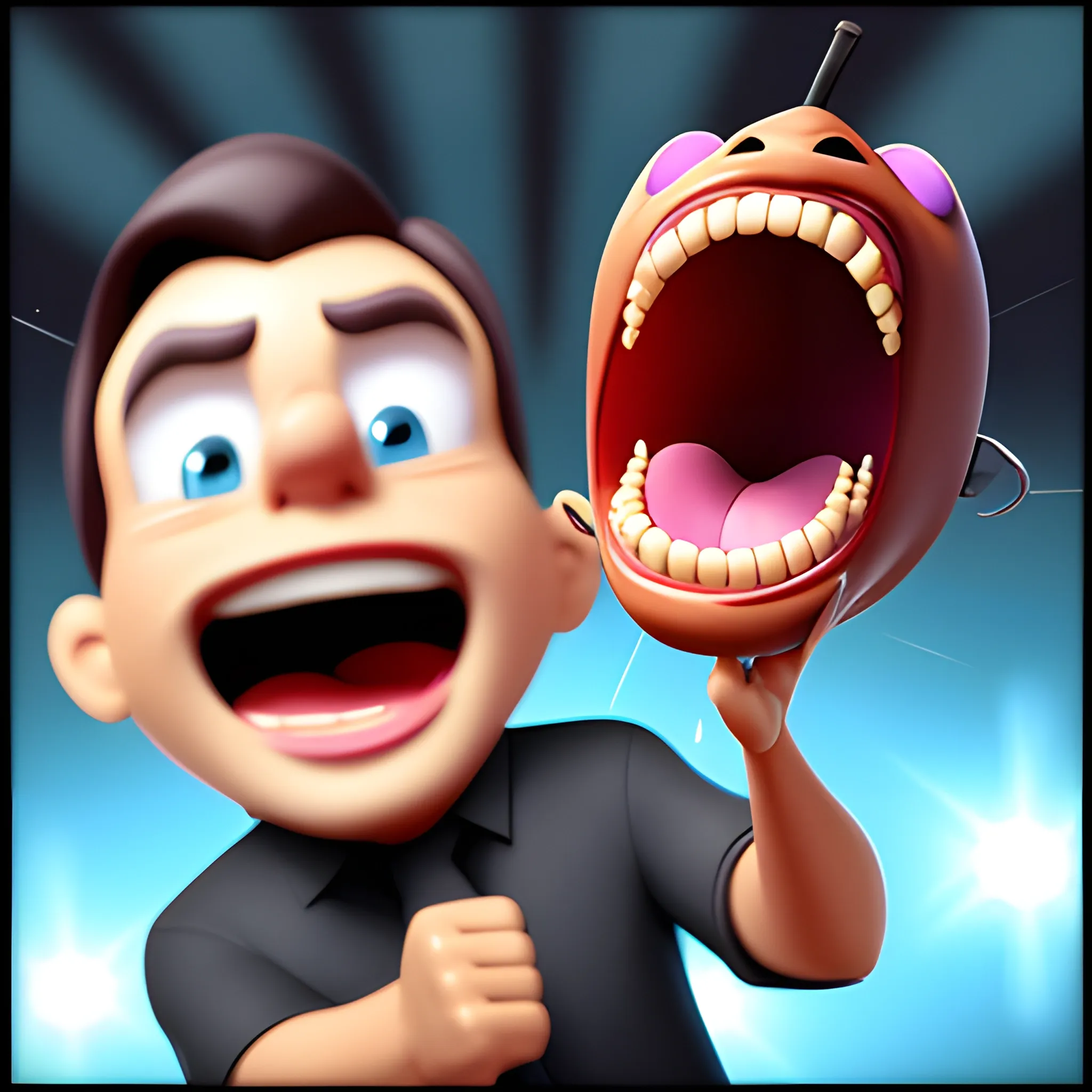 , Cartoon, a tv host, screaming at the camera, A very dynamic scene.  close-up.  super realistic. cinematic. light haze , -neg  low quality, low resolution, -fps 24 -camera zoom in, -gs 13 -m 3 