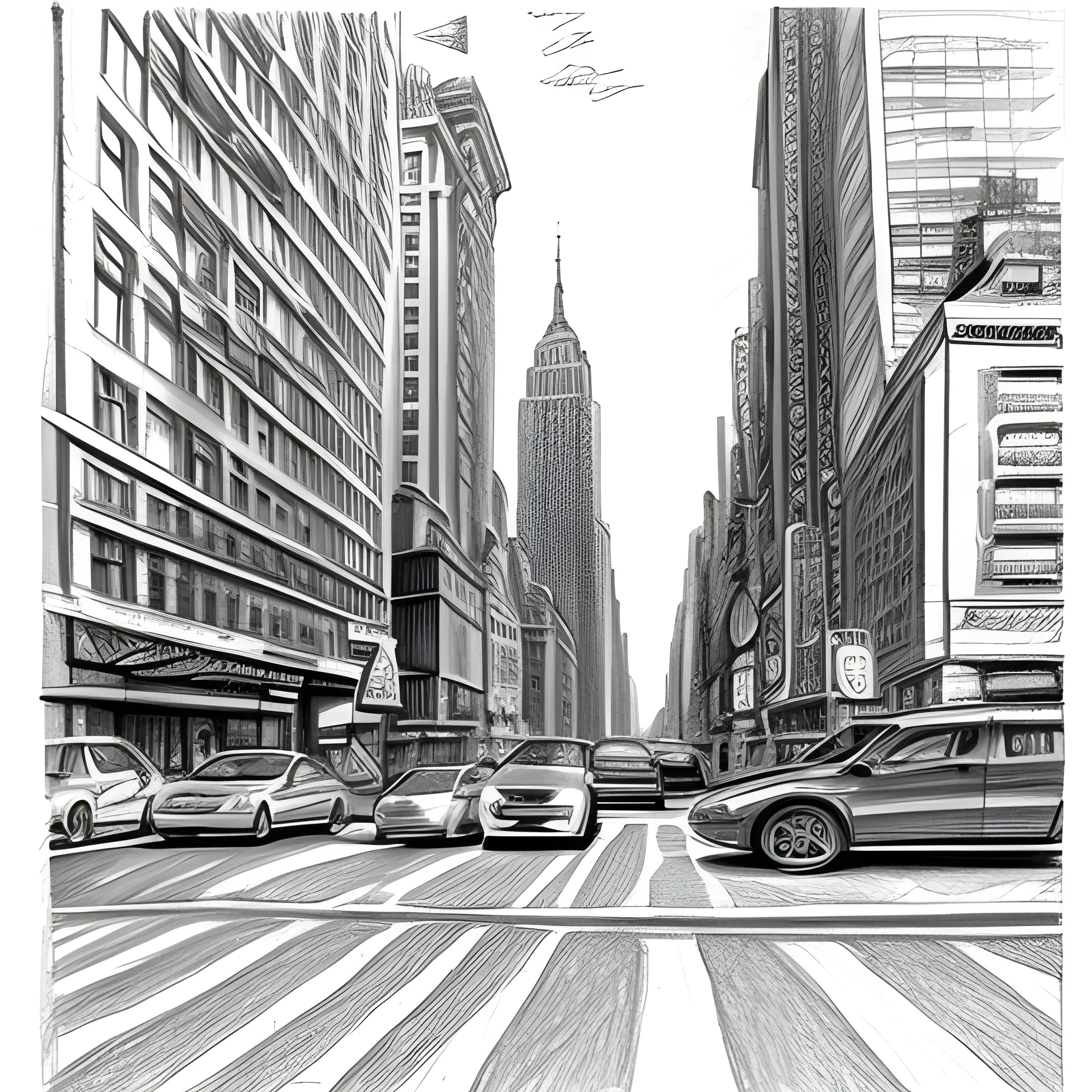 New york streets in the morning, sunny day, Pencil Sketch