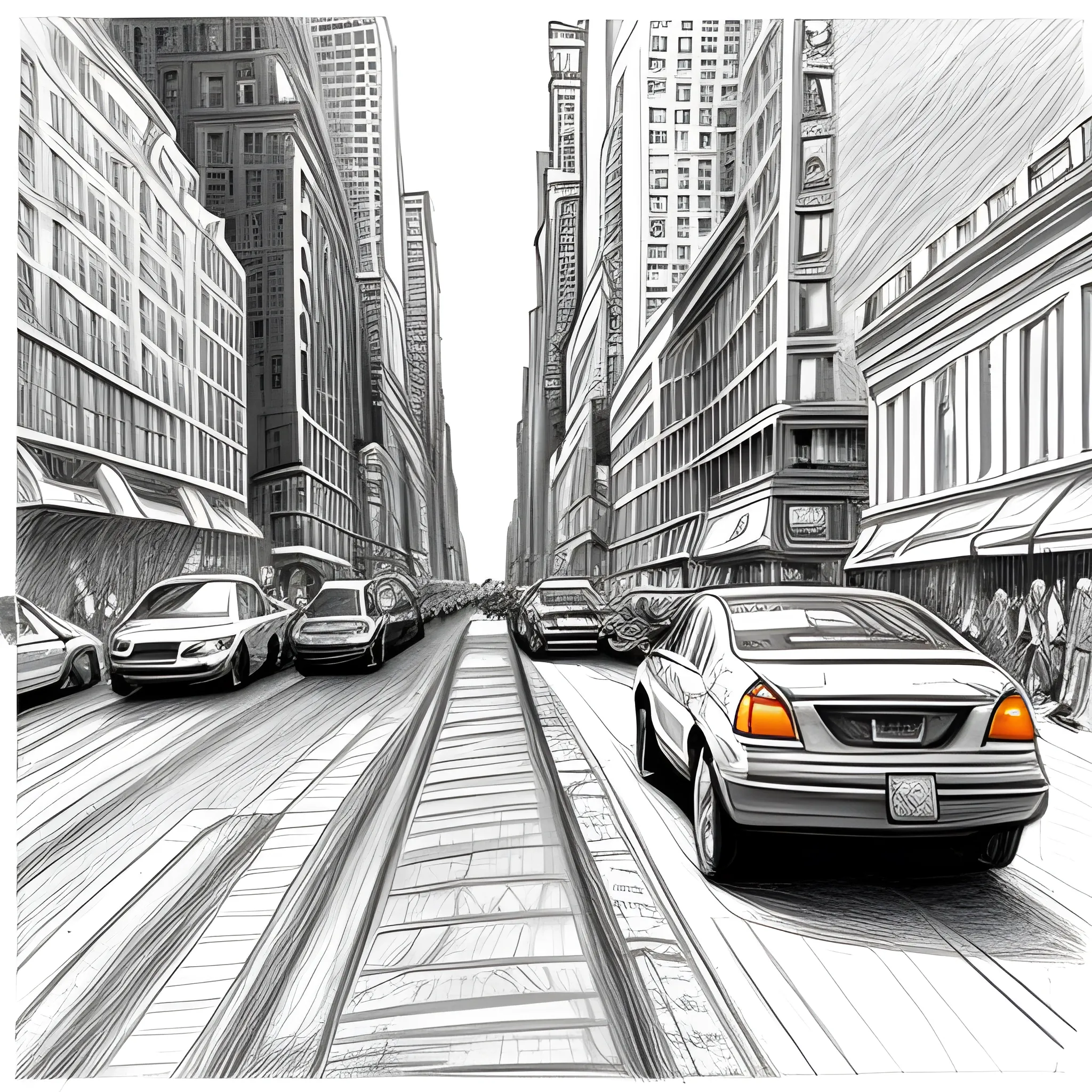 New york streets in the morning, sunny day, Pencil Sketch, a lot of details