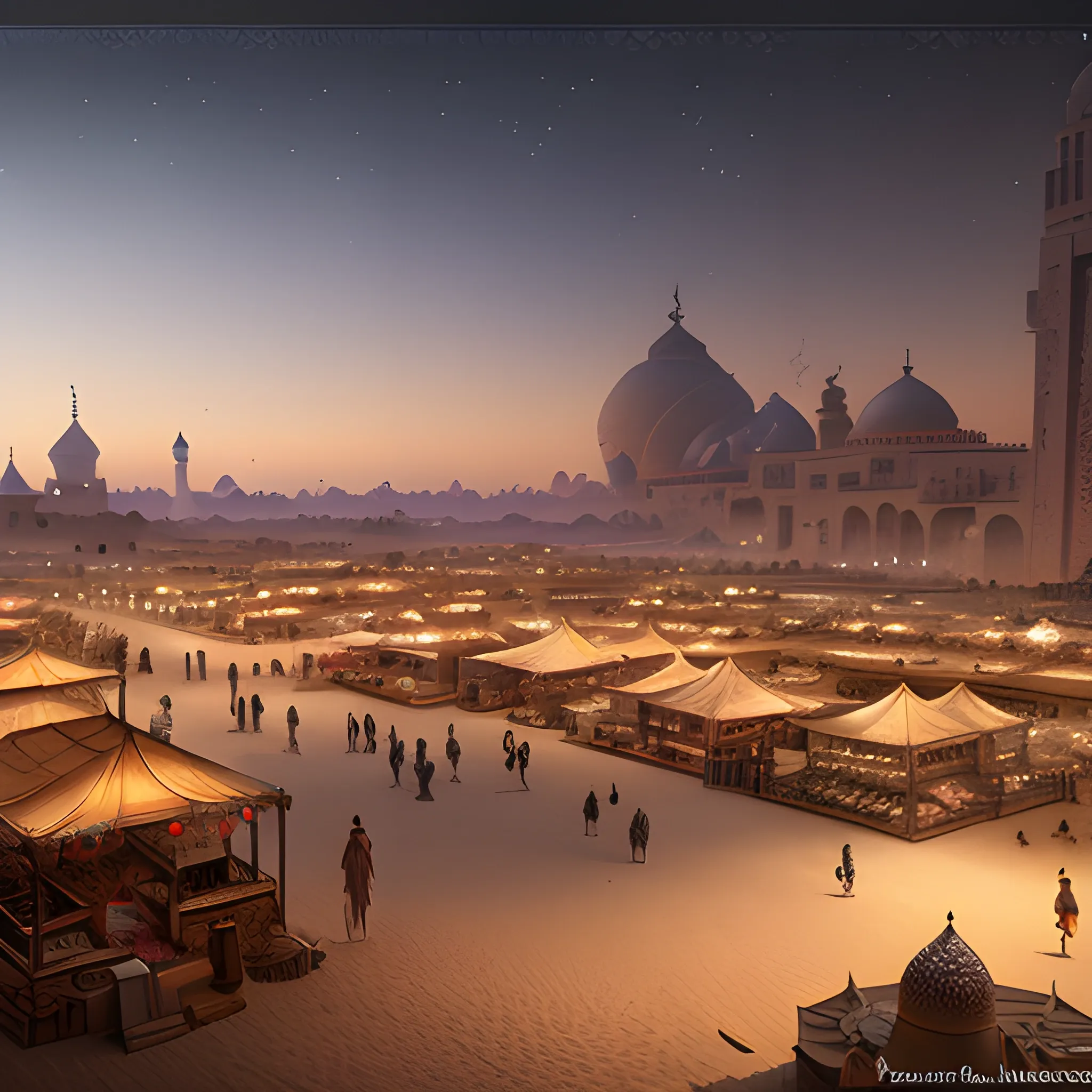 marketplace, arabian marketplace, desert, night, 8k, high resolution, high quality, photorealistic, hyperrealistic, detailed, detailed matte painting, deep color, fantastical, intricate detail, splash screen, complementary colors, fantasy concept art, 8k resolution trending on Artstation Unreal Engine