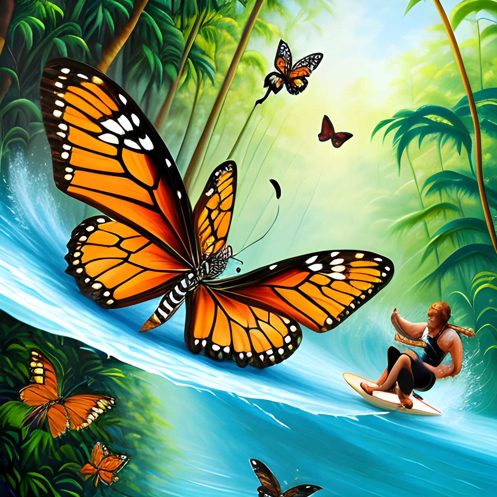 well-being, habits, butterfly surfing problems, riding wild life, jungle, 3D, Oil Painting
