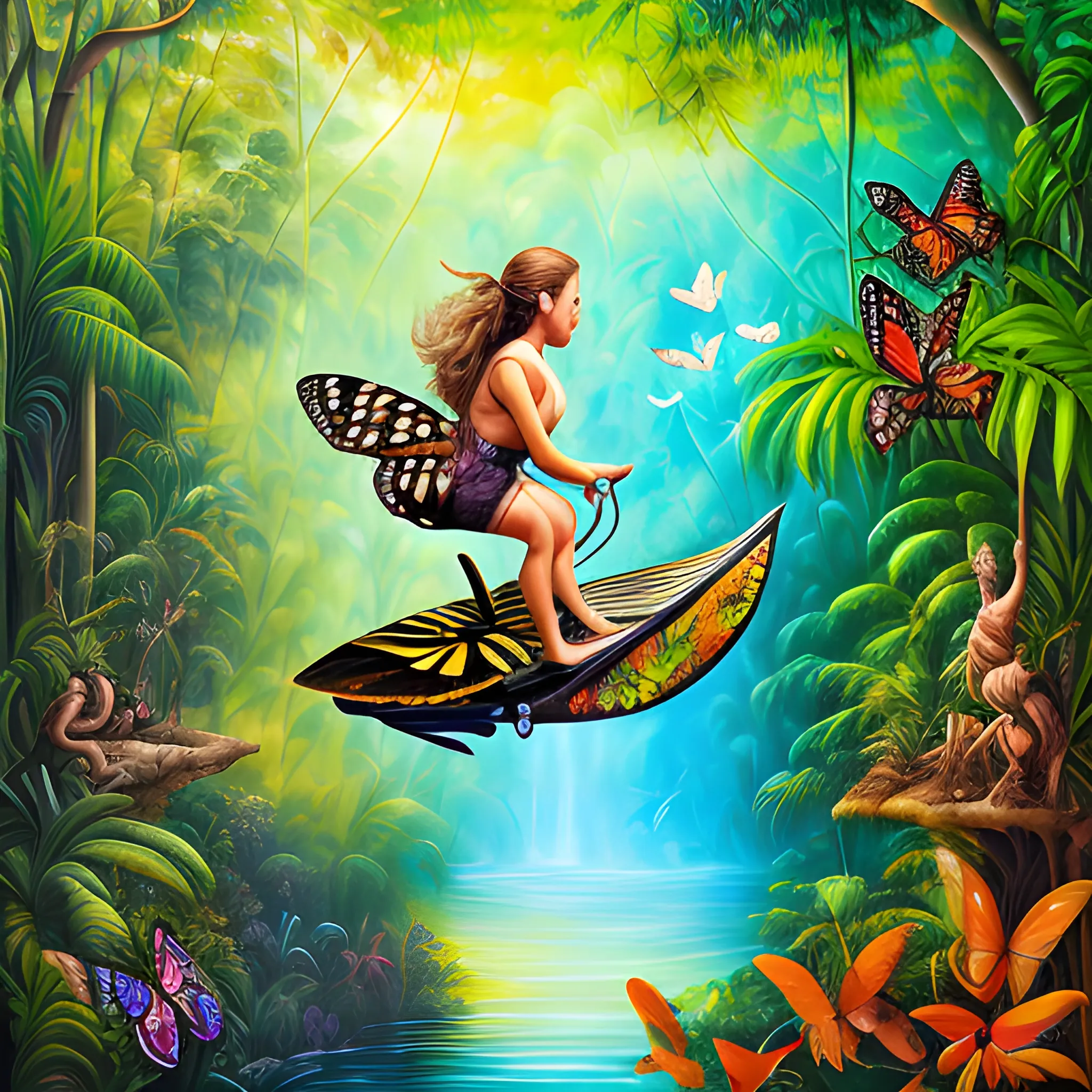 well-being, habits, butterfly surfing problems, riding wild life, jungle, 3D, Oil Painting, Trippy