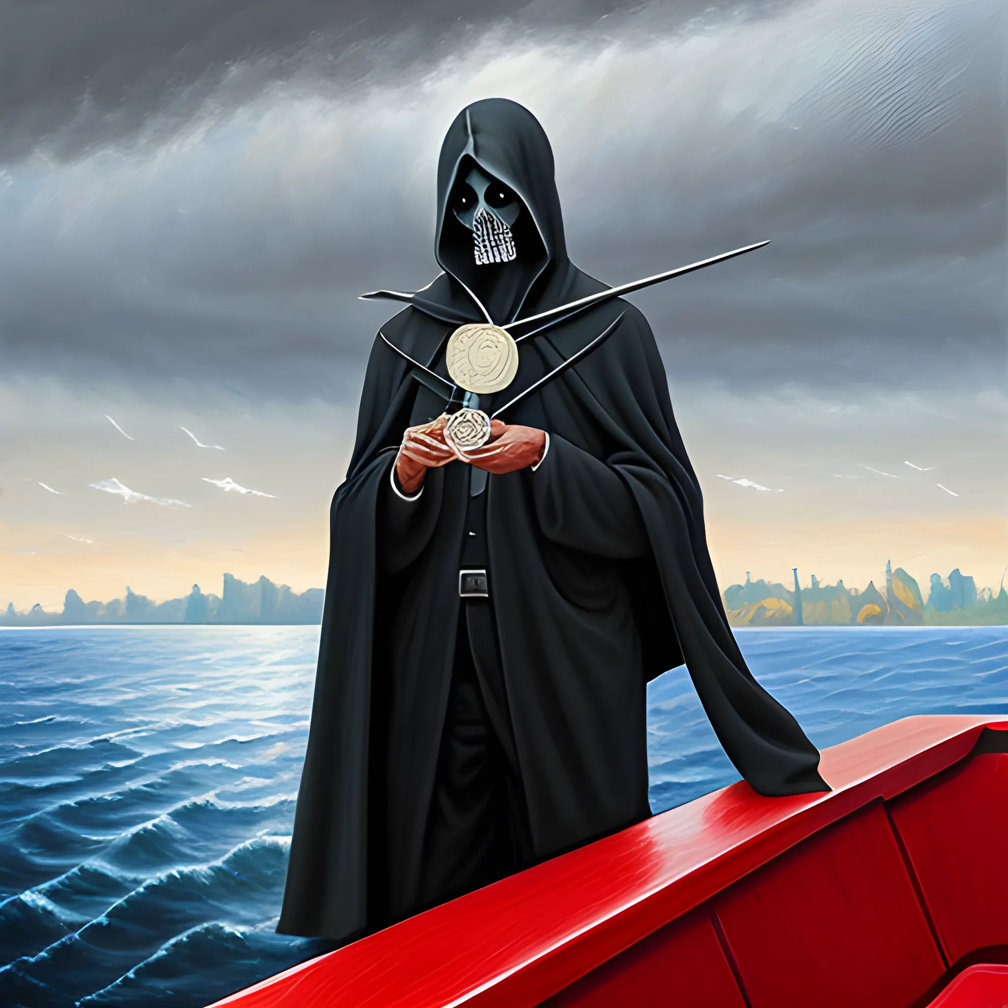Grim reaper on his ferry holding coin, Oil Painting
