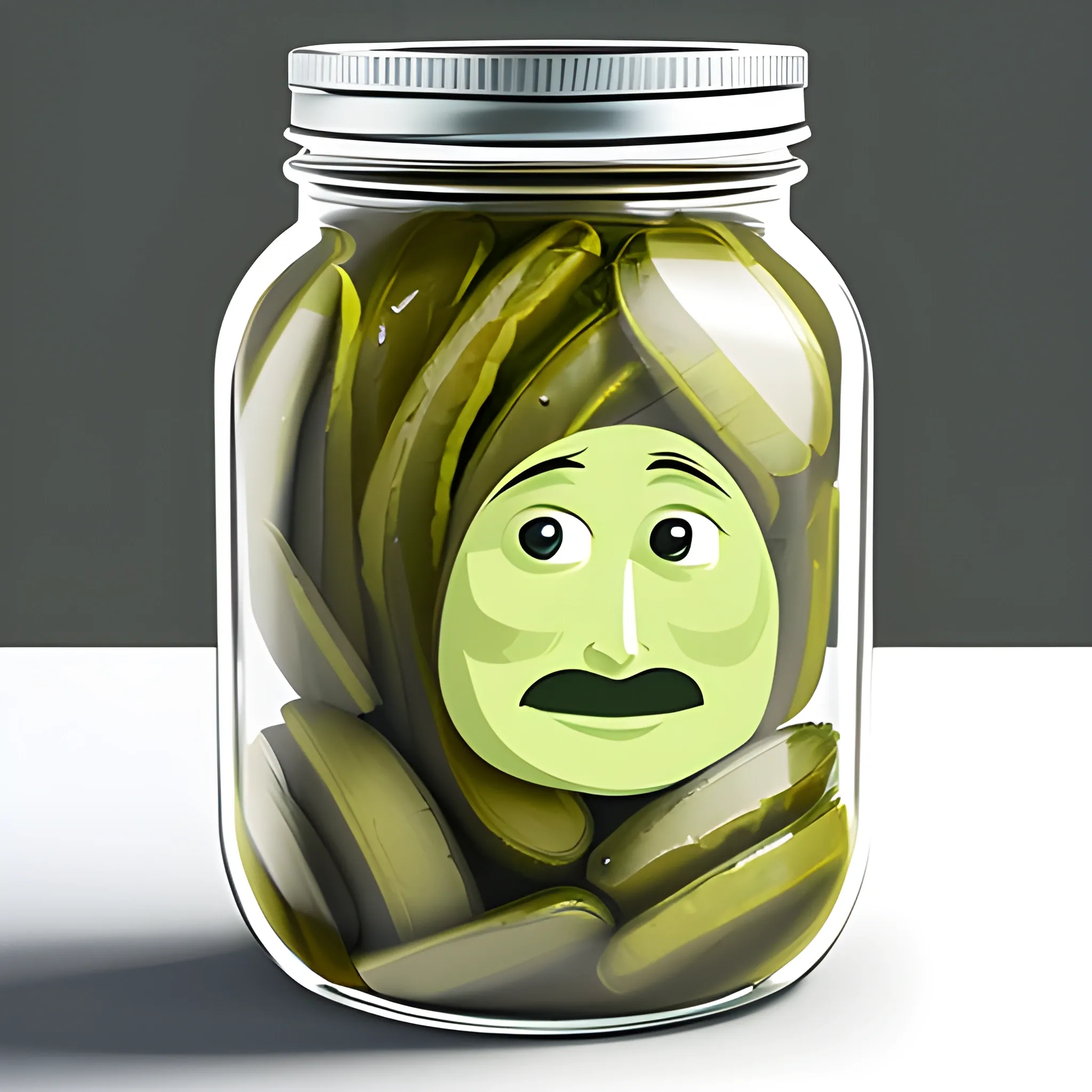 A  jar of pickles with a human face , Cartoon