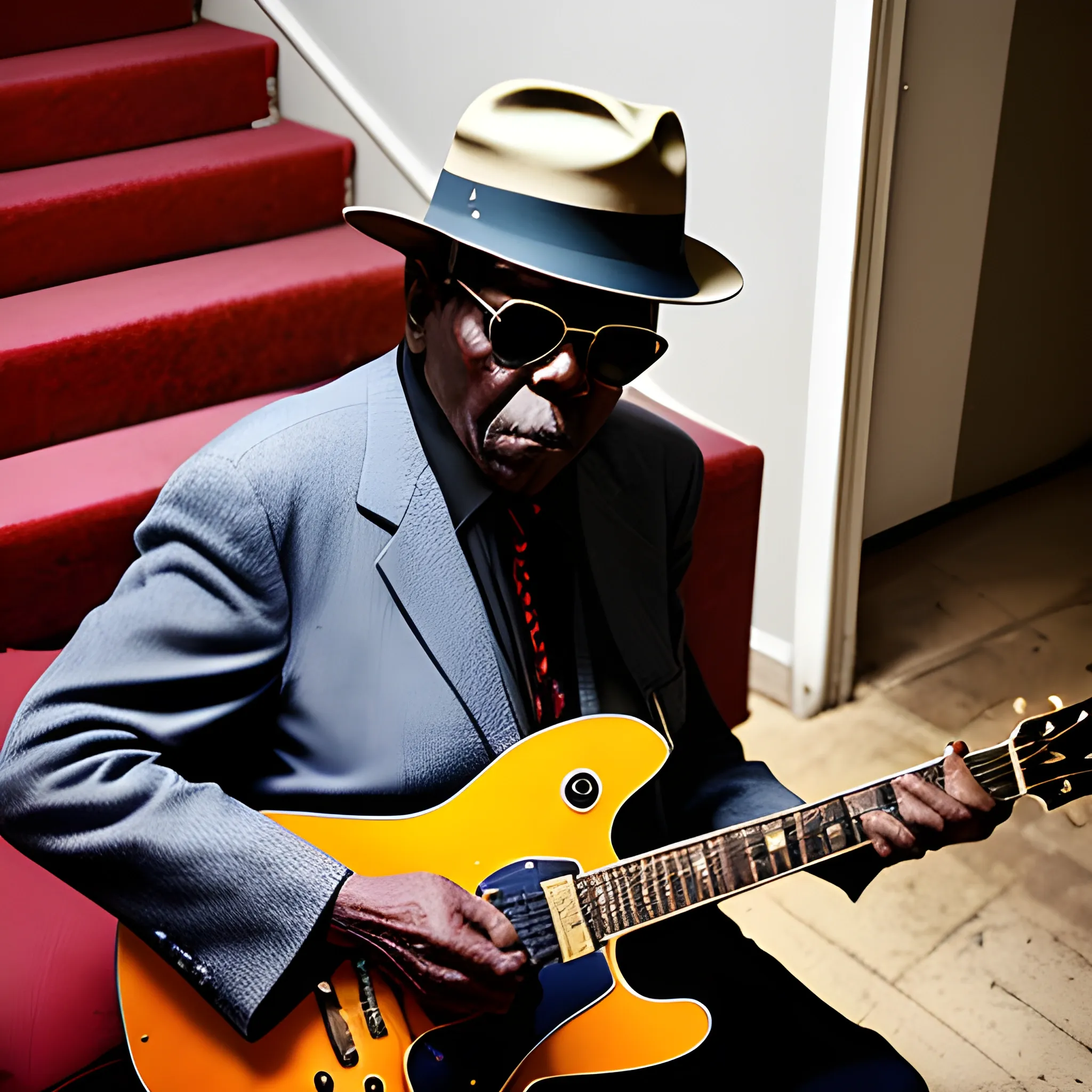 75yers old"John Lee Hooker"  Wearing a fedora and black sunglasses, he strode to sit on a red wide couch in front of the stairs at the front of his old apartment building..enjoying playing Blues music by gibson electric guitar and amp"