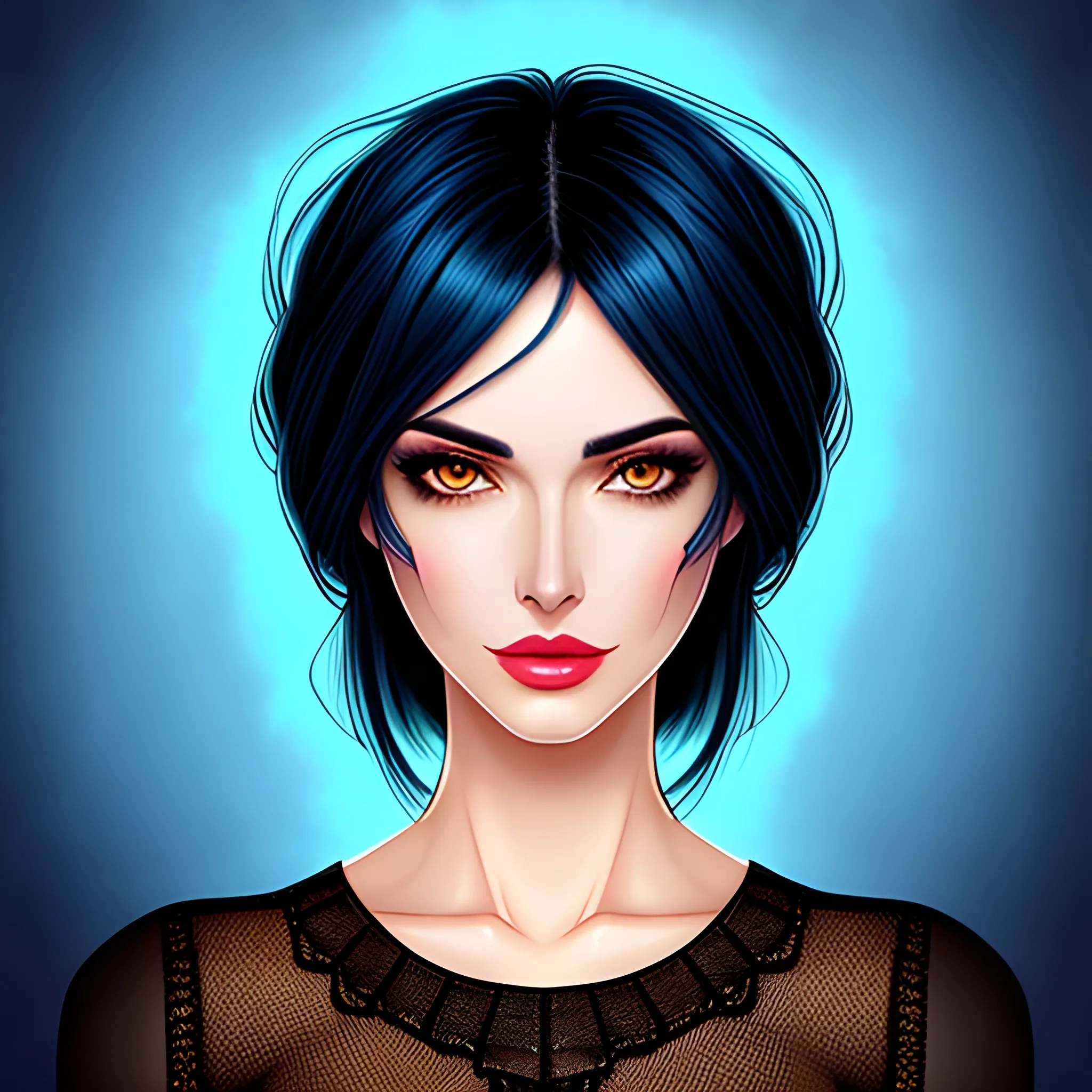 Beautiful girl with brown eyes, high detail, blue scene, hauntingly beautiful illustration. Black hair