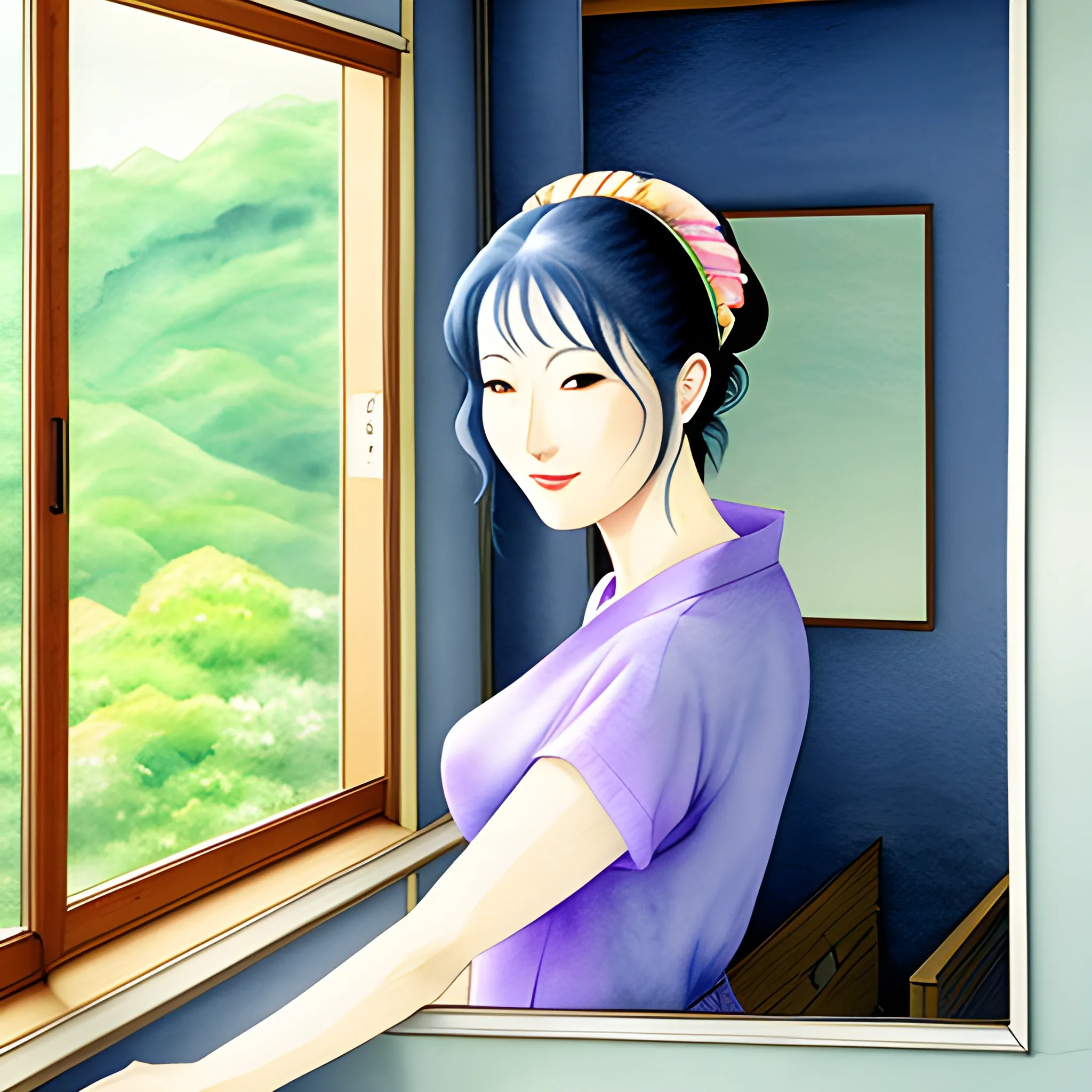 a young lady cooling on the window frame with a fan in her hand in a suburb in summer in Japan, Water Color