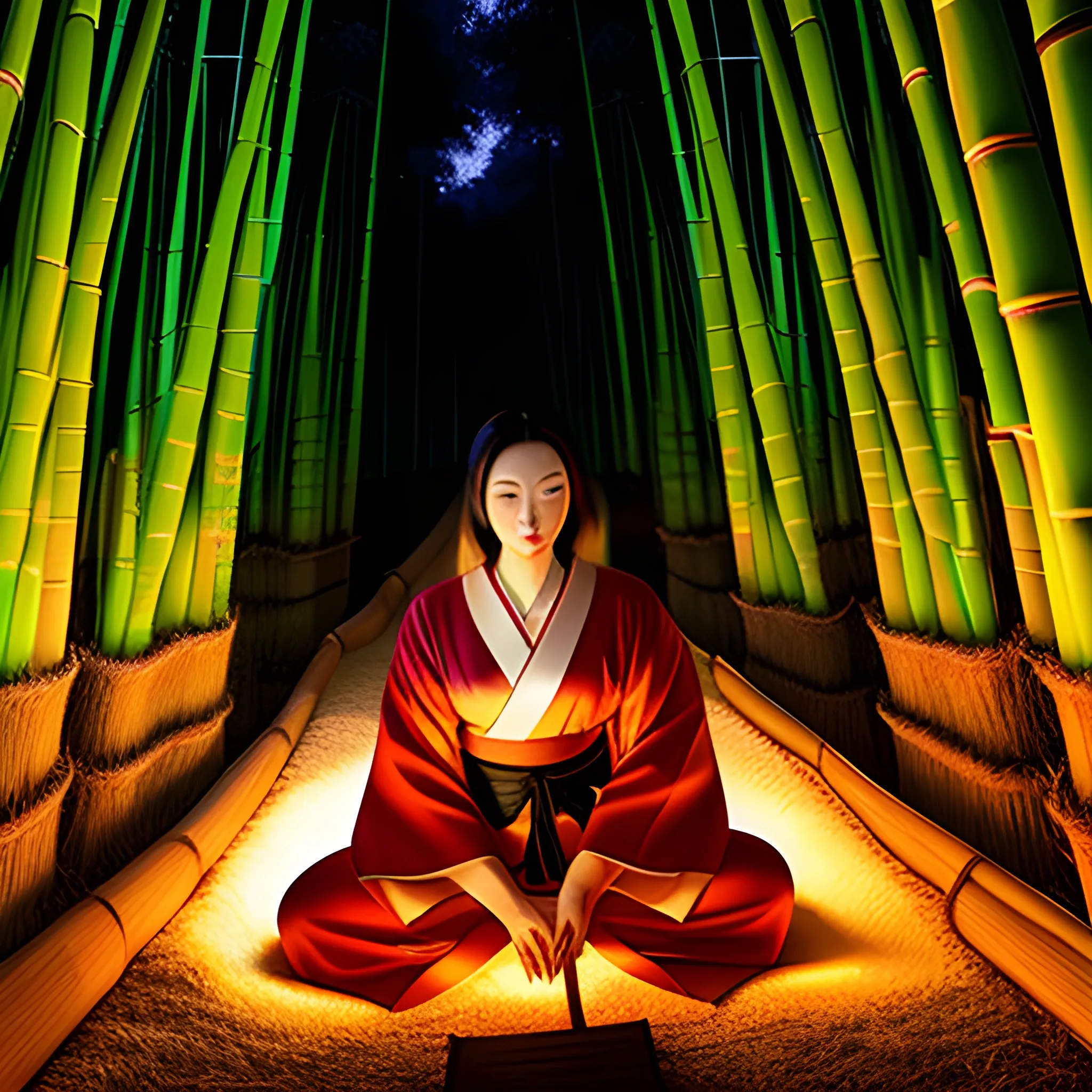 A baby in Kimono glowing sleeping in a cut bamboo in the bamboo forest in the evening