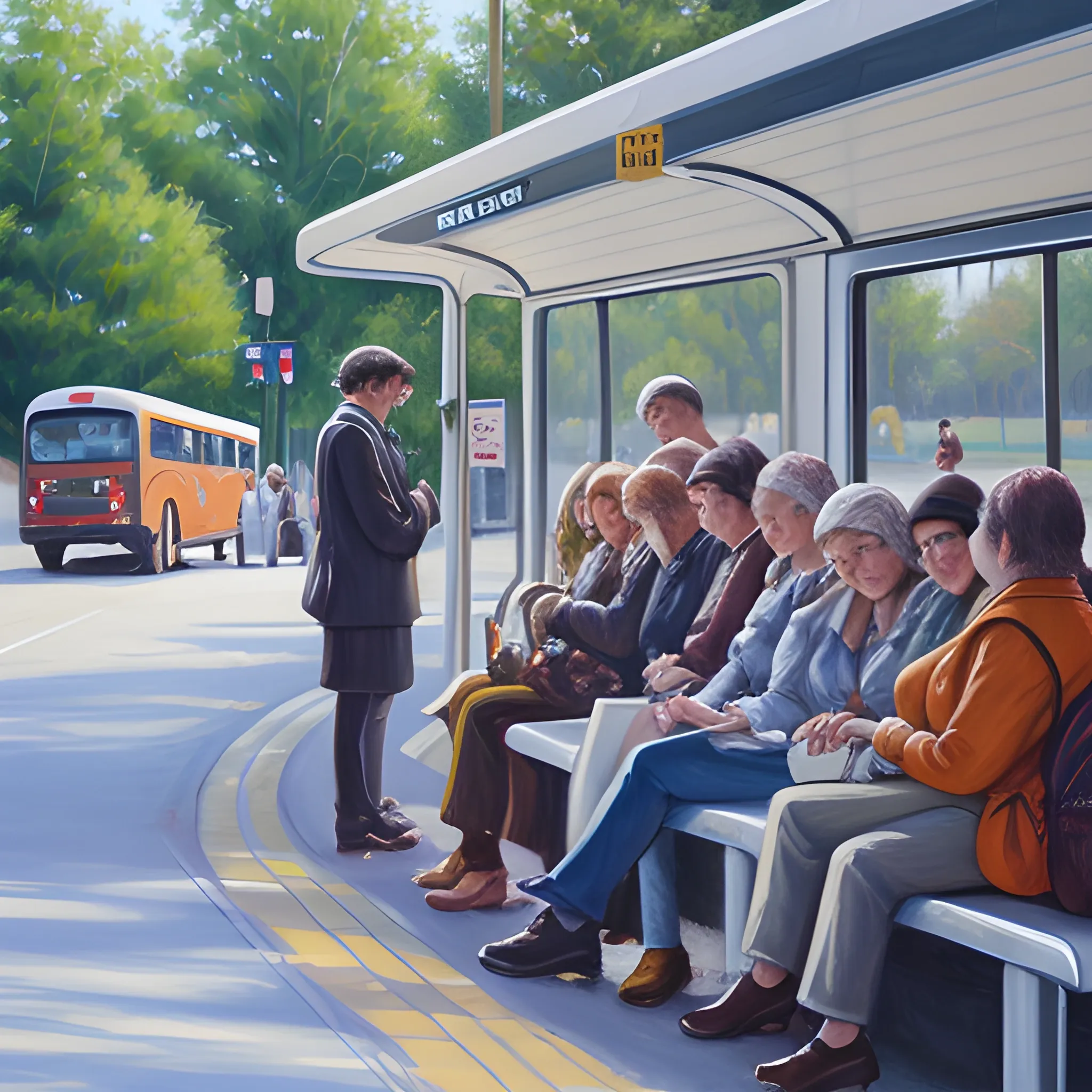 A lot of people are waiting at the bus stop, Oil Painting
