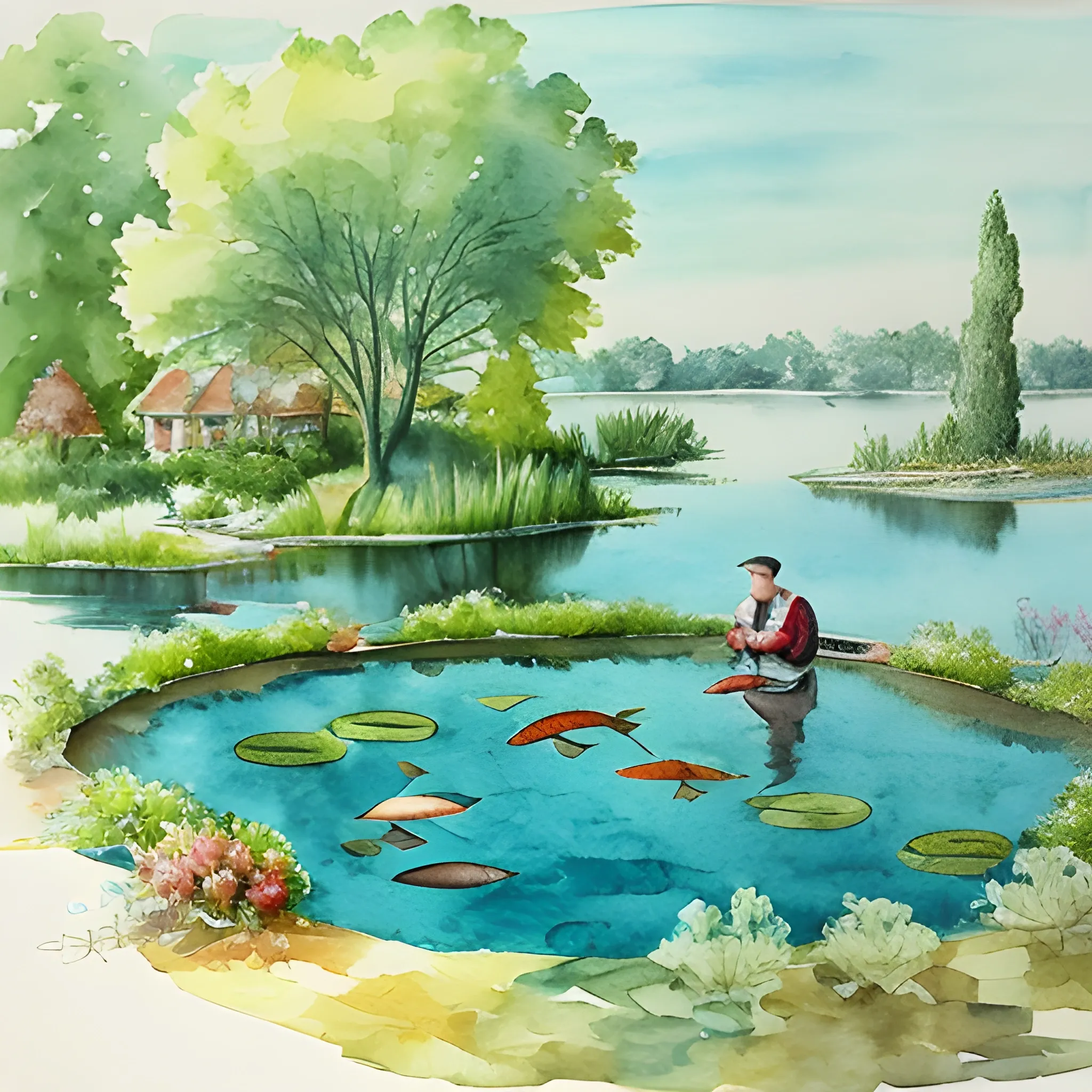 A pond where fish are swimming, a man and a woman on a boat, Water Color