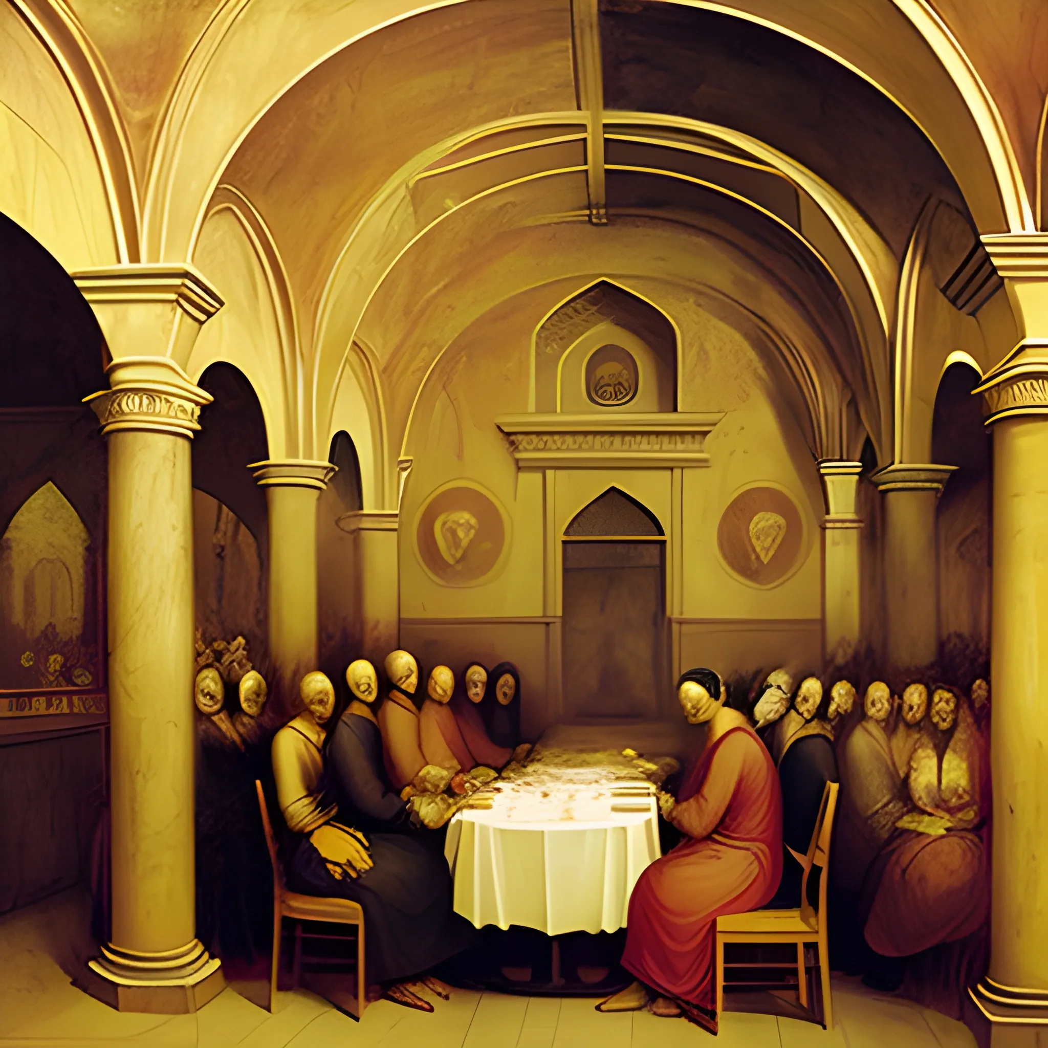 A curry restaurant in the underground, art by Giotto Di Bondone, art by Tommaso Masaccio, art, by Joseph Mallord William Turner