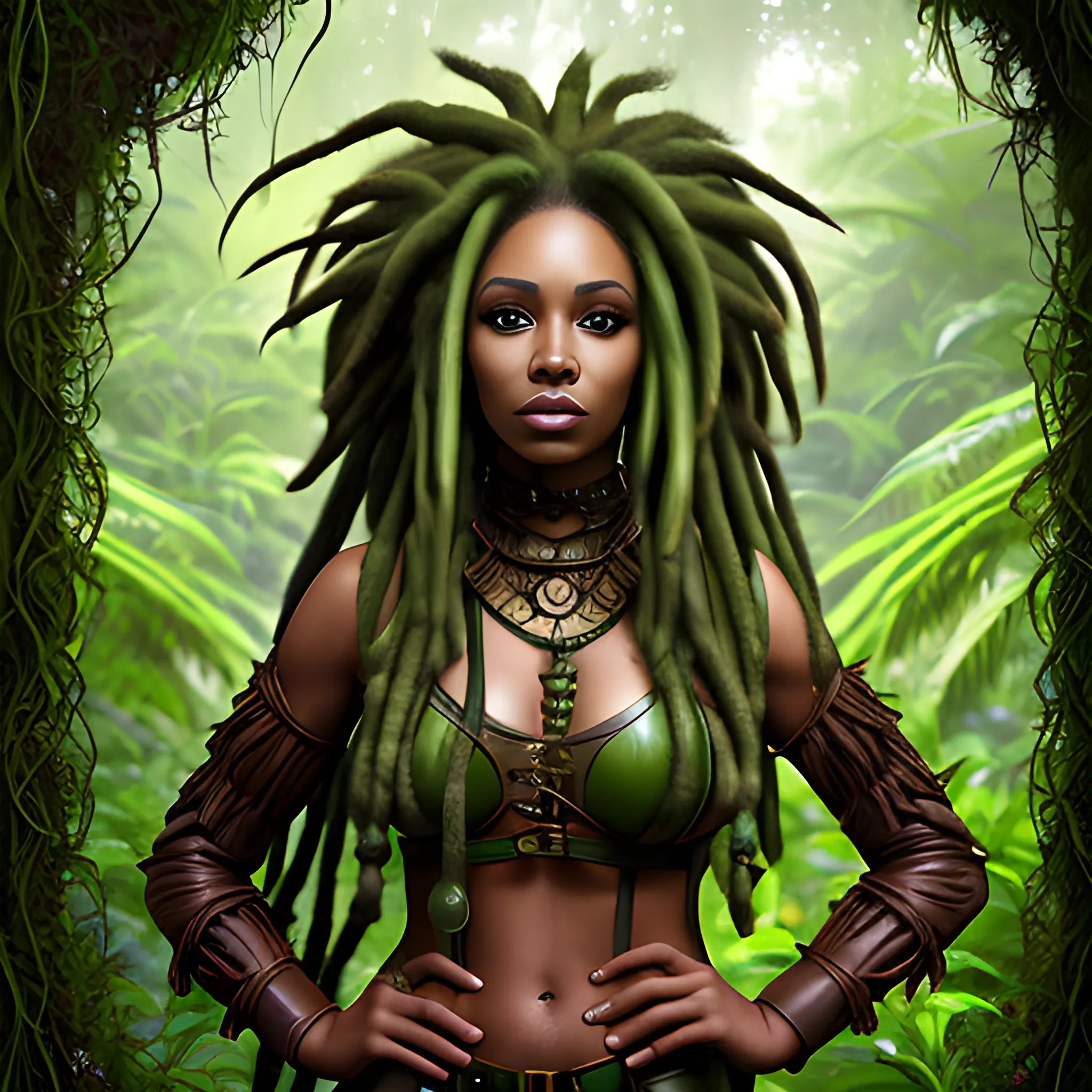 Fantasy human portrait of a woman with brown skin. Green hair made of vines in dreadlocks. Jungle forest background. Leather druid clothing.