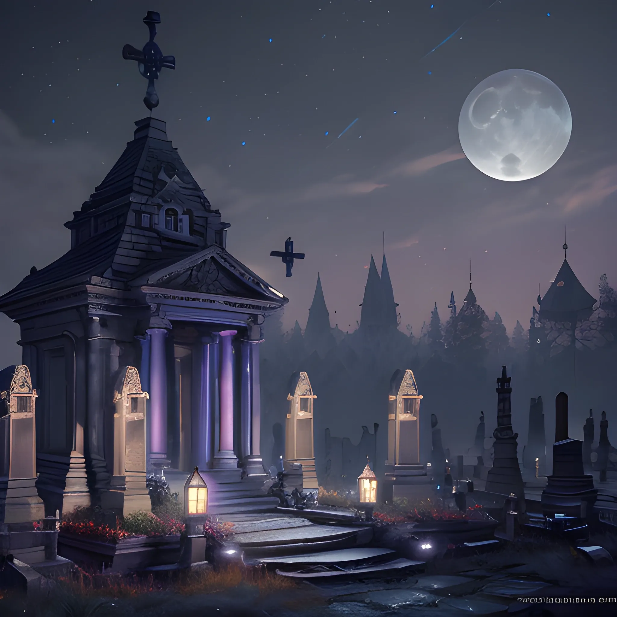 cementary, graves, night, moon, stars, 8k, high resolution, high quality, photorealistic, hyperrealistic, detailed, detailed matte painting, deep color, fantastical, intricate detail, splash screen, complementary colors, fantasy concept art, 8k resolution trending on Artstation Unreal Engine